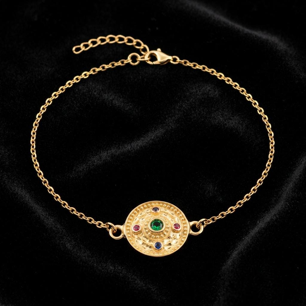 Gold Plated Bracelet – Byzantine Multicolor Gemstone Medallion With Adjustable Chain