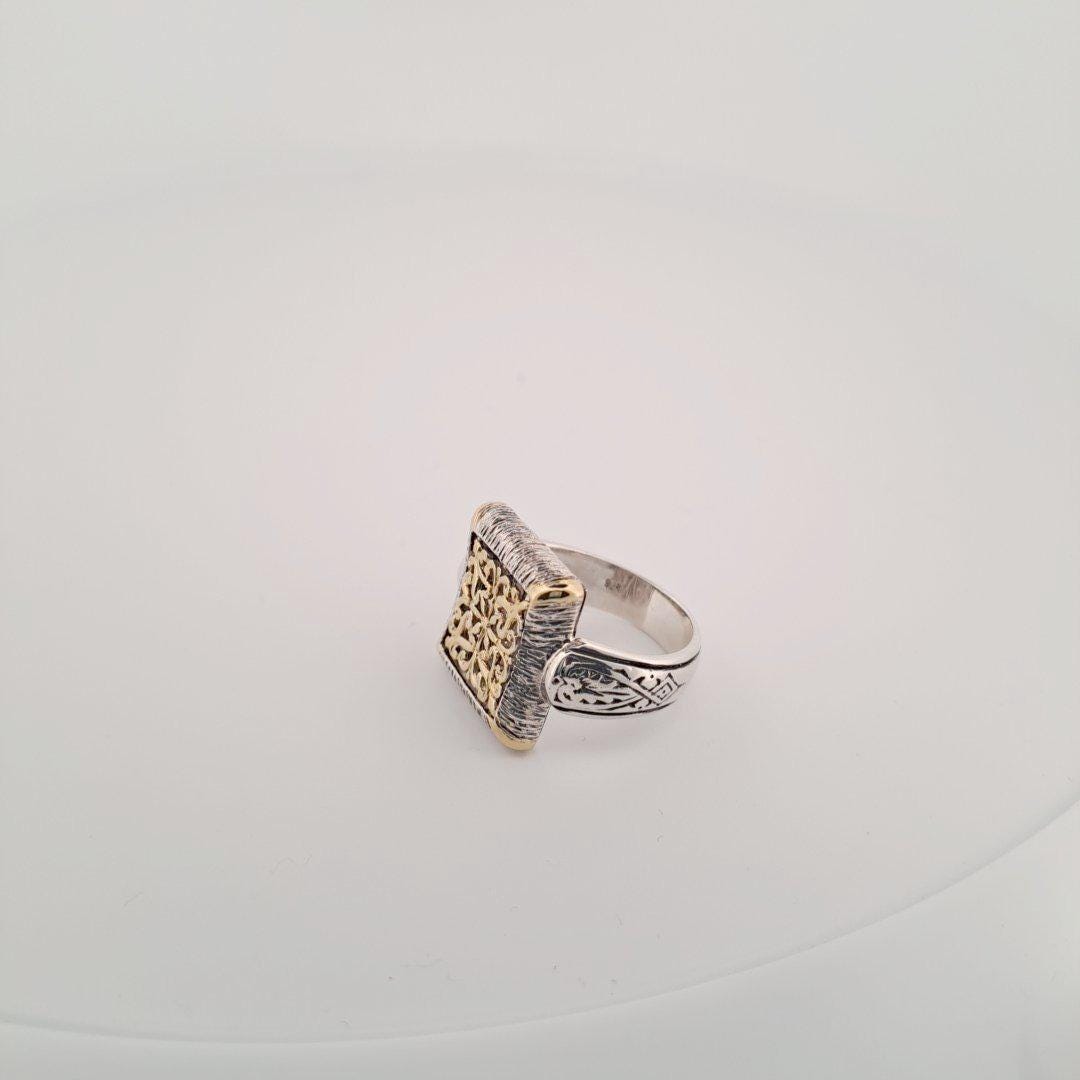Byzantine Style Ring - Ornate Filigree Design Two Tone Square Face Band