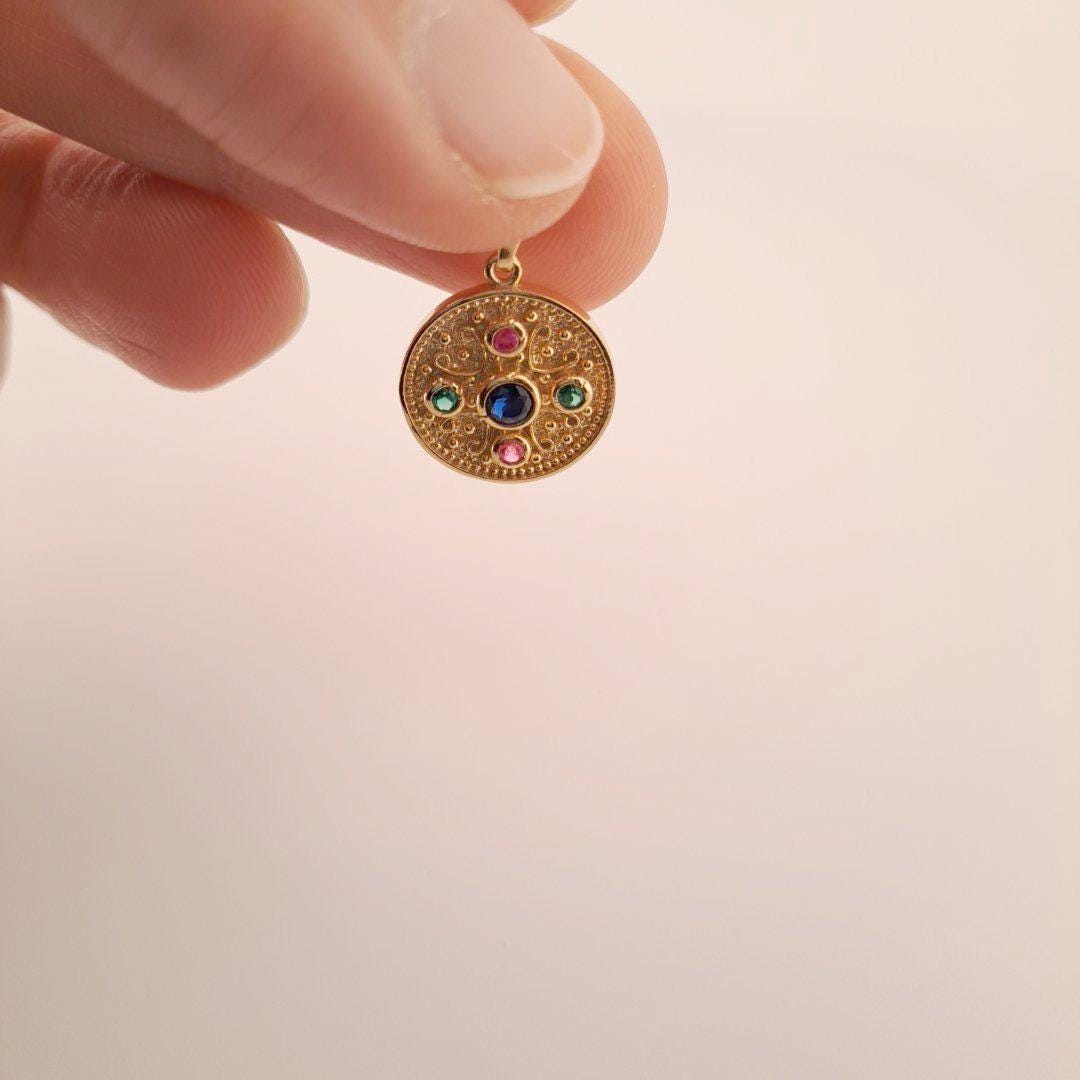 Gold Plated Pendant – Byzantine Vintage Gold Charm With Multicolor Gemstones
