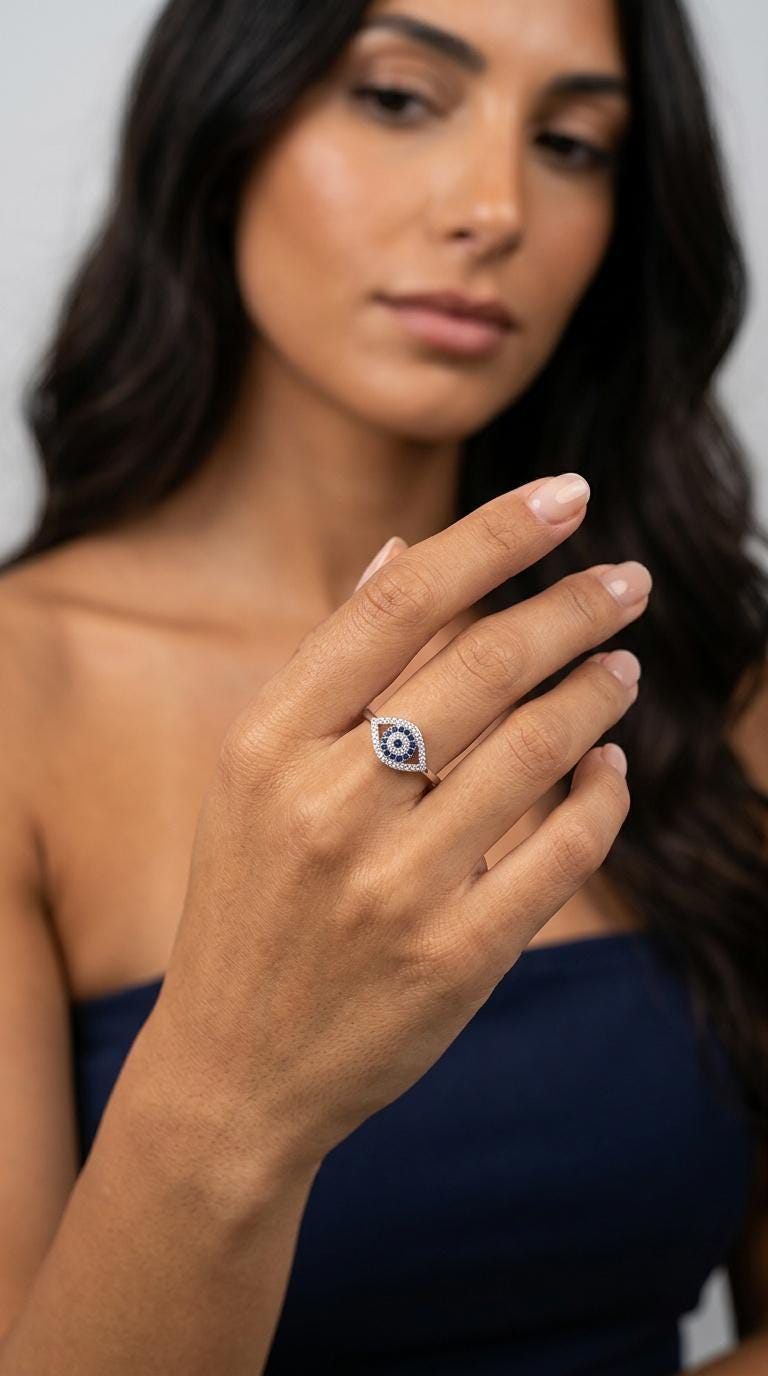 Silver Evil Eye Ring – Blue Zircon Center, Dainty Protective 925 Silver Band