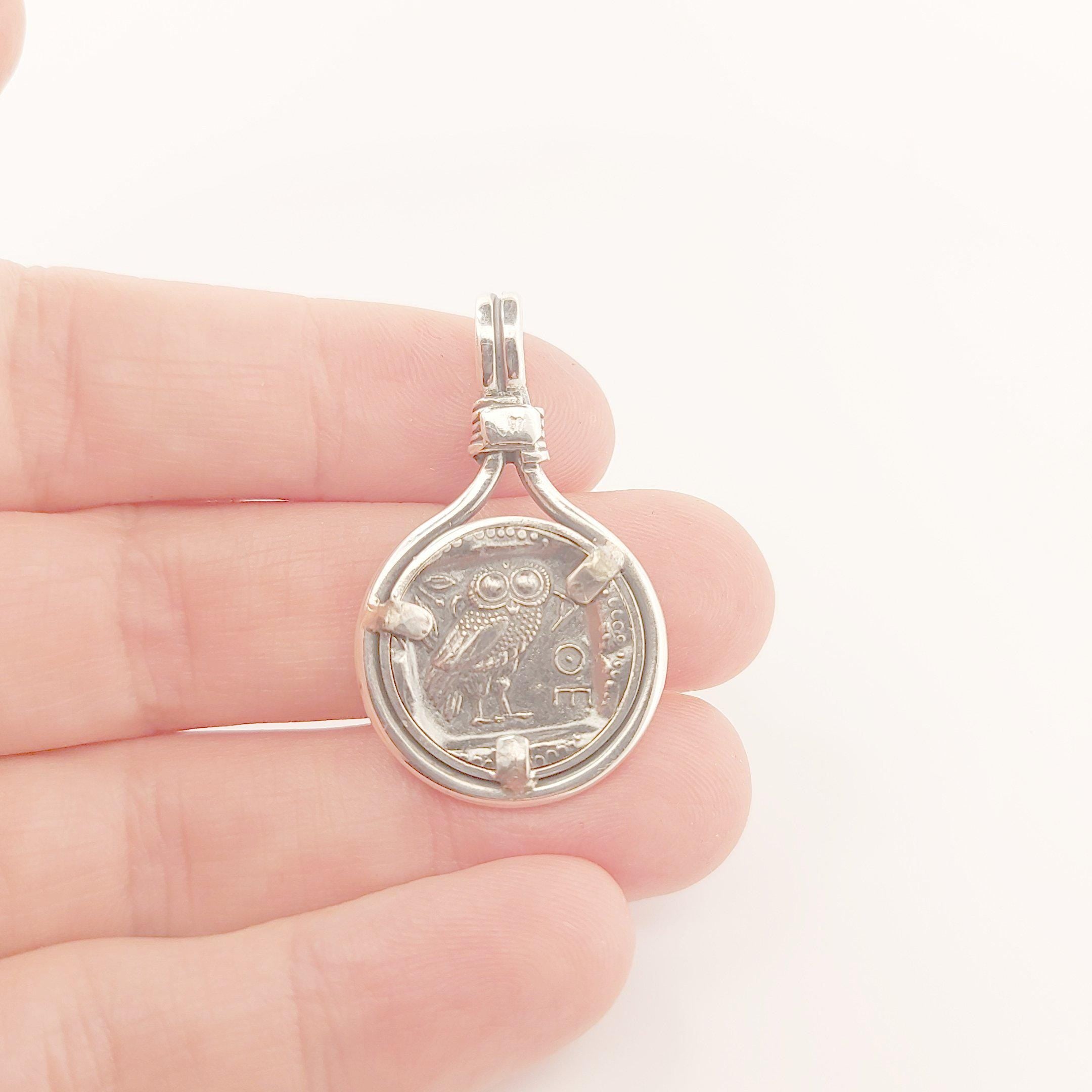 Ancient Greek Athena Silver Pendant, Double-Sided Coin Design, Mythology Jewelry