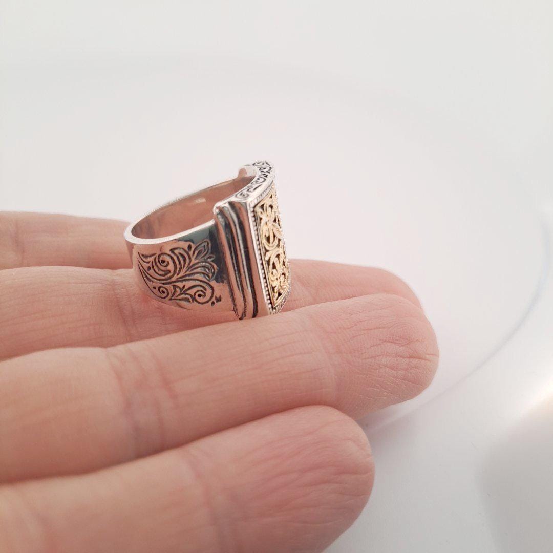 Byzantine Gold Ring - Ornate Filigree Square Cross Wide Band Silver Statement
