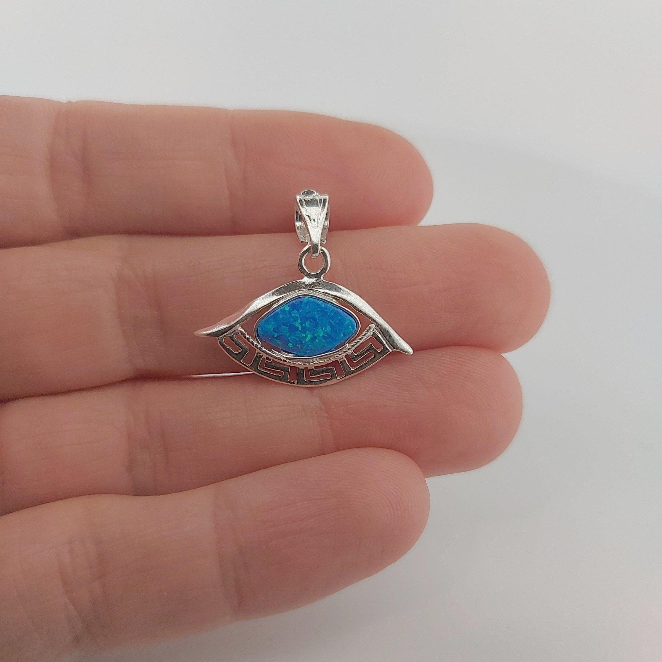 Sterling Silver Blue Opal Eye Pendant, Greek Key Meander Design, Charm