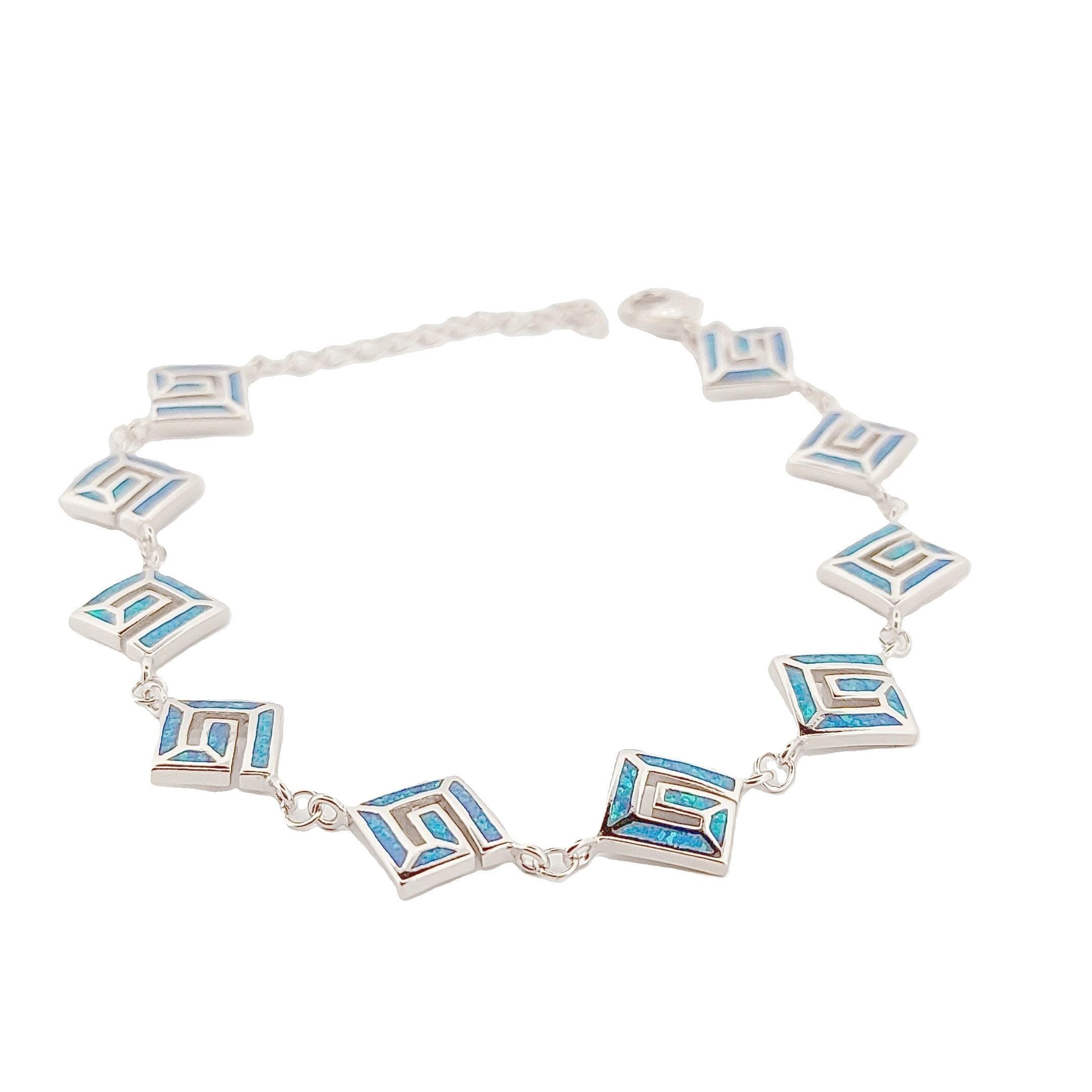 Greek Key Blue Opal Sterling Silver Bracelet, Meander Design, 925 Silver