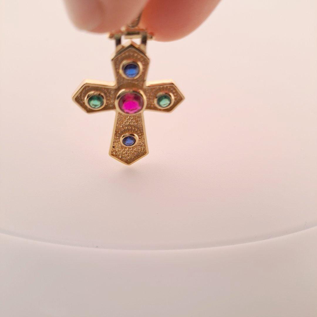 Byzantine Cross Pendant – Gold Multicolor Gemstone Antique Greek Jewelry Charm