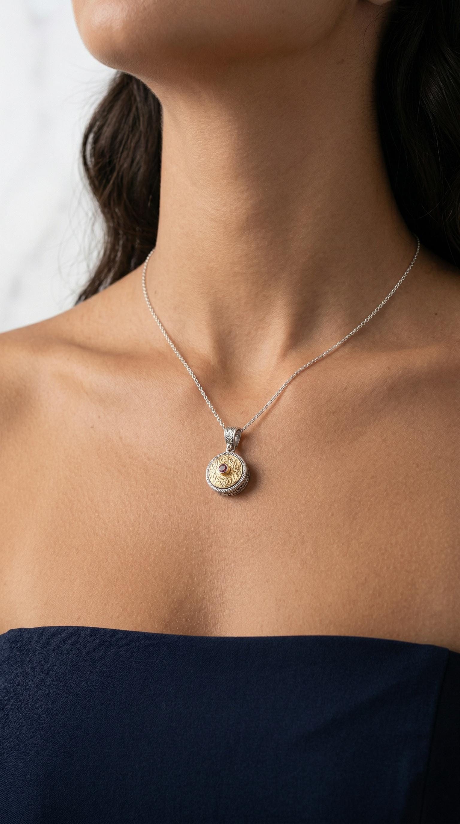 Two Tone Pendant - Byzantine Filigree Jewelry With Ruby Gold Center