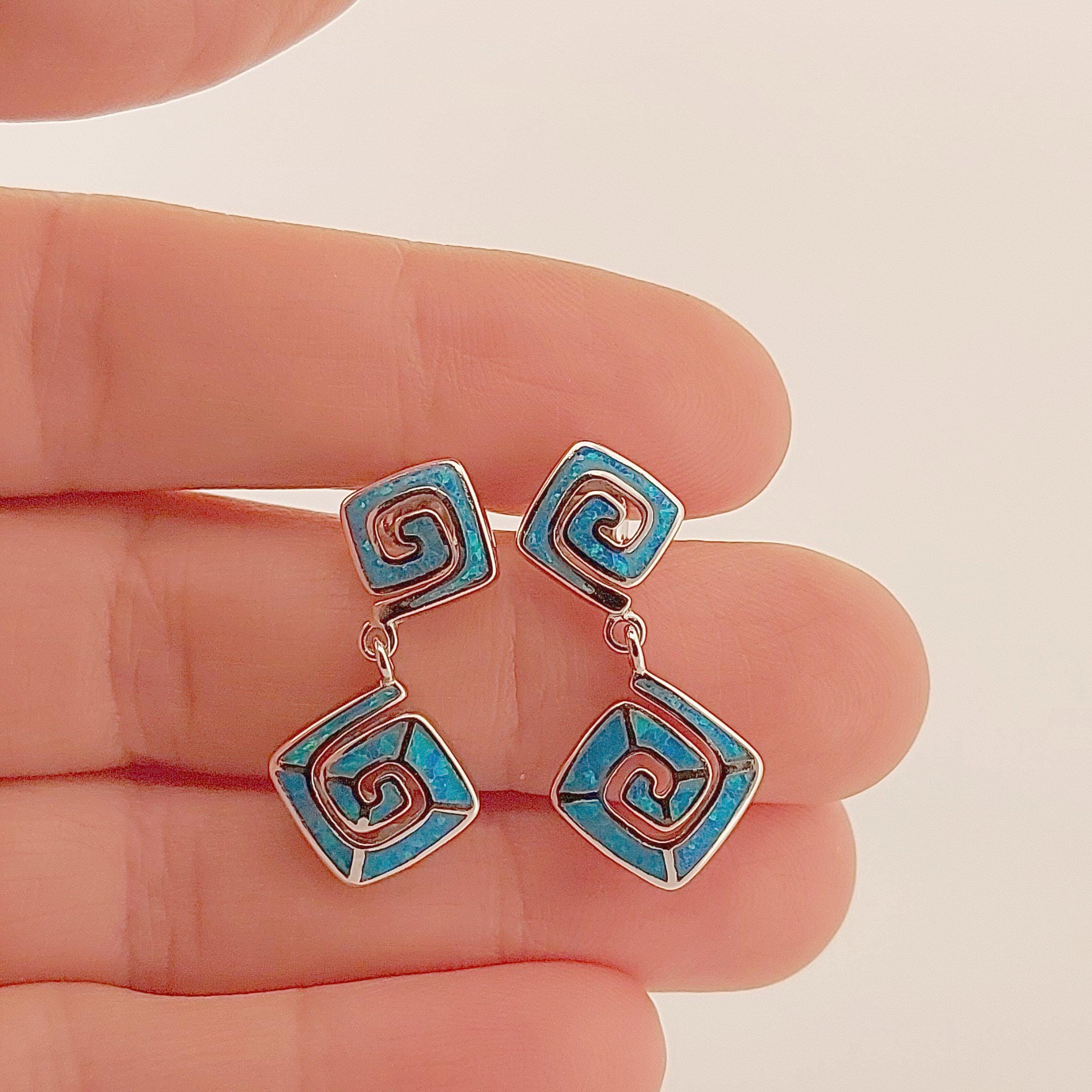 Sterling Silver Greek Key Dangle Earrings: Blue Opal Inlay