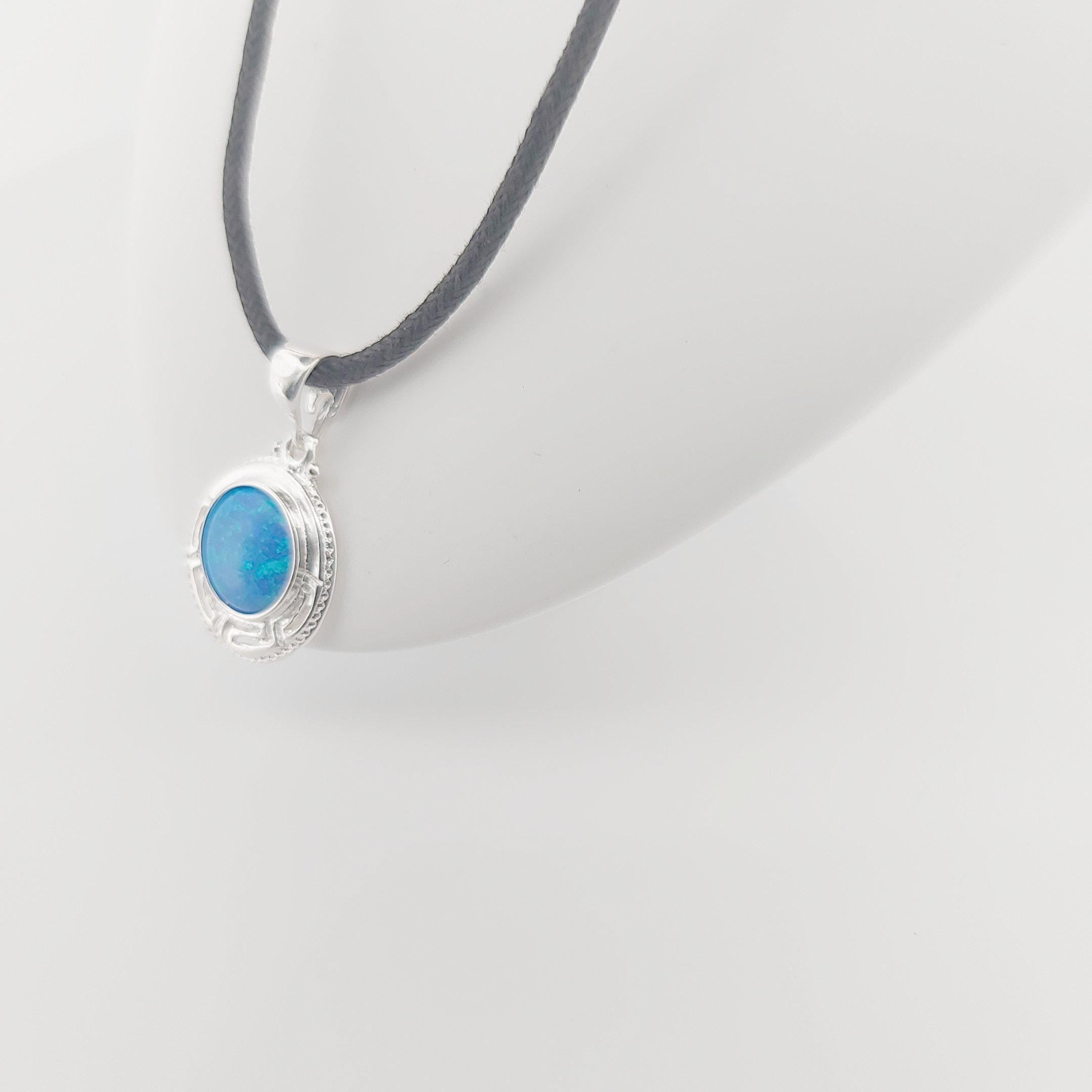 Blue Opal Silver Pendant: Greek Key Necklace