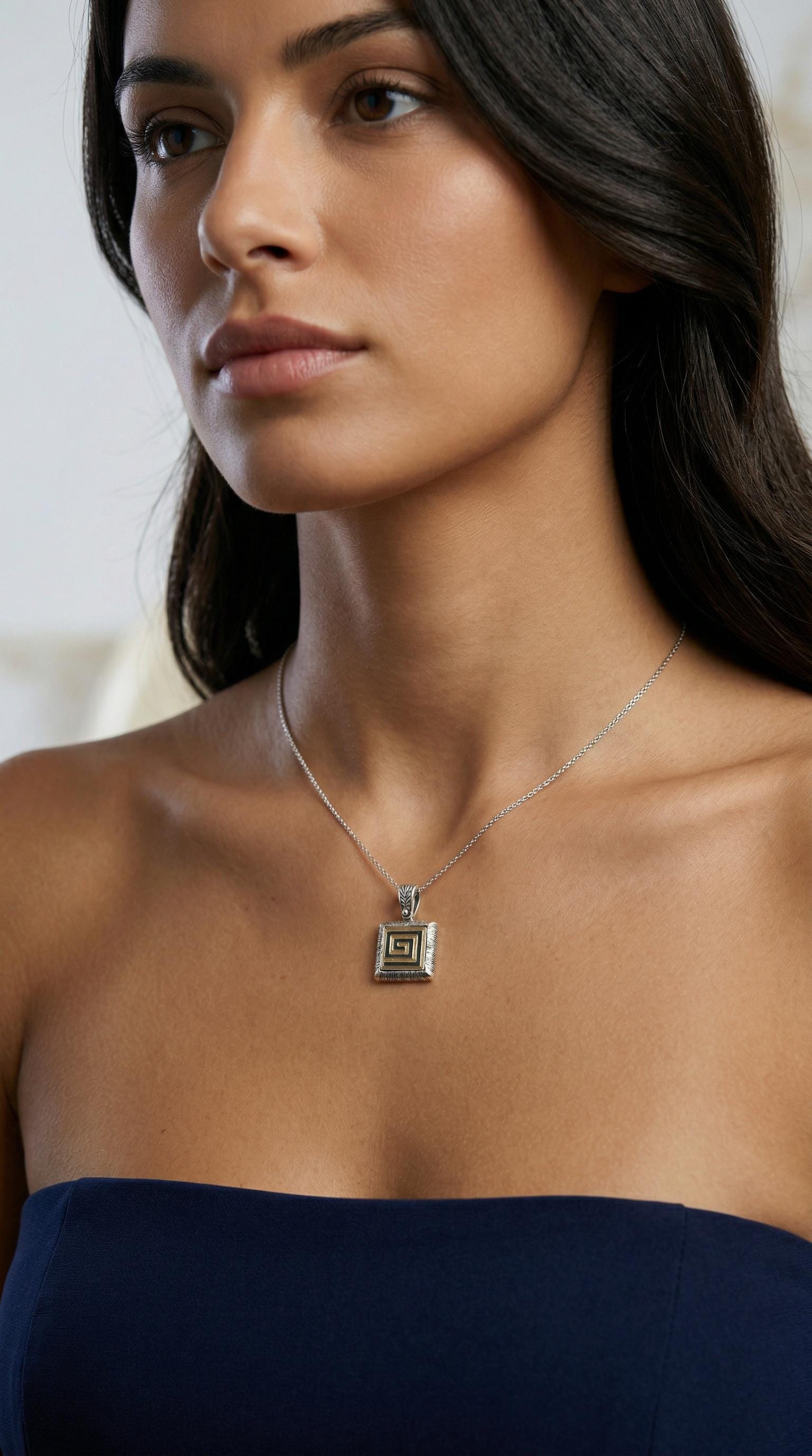 Greek Key Pendant – Two Tone Necklace | Square Gold Plated Silver Jewelry