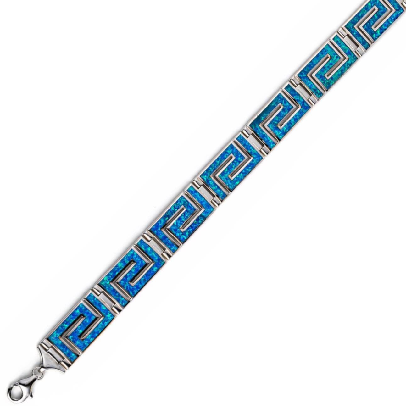 Blue Opal Greek Key Bracelet, Sterling Silver 925, Meander Design