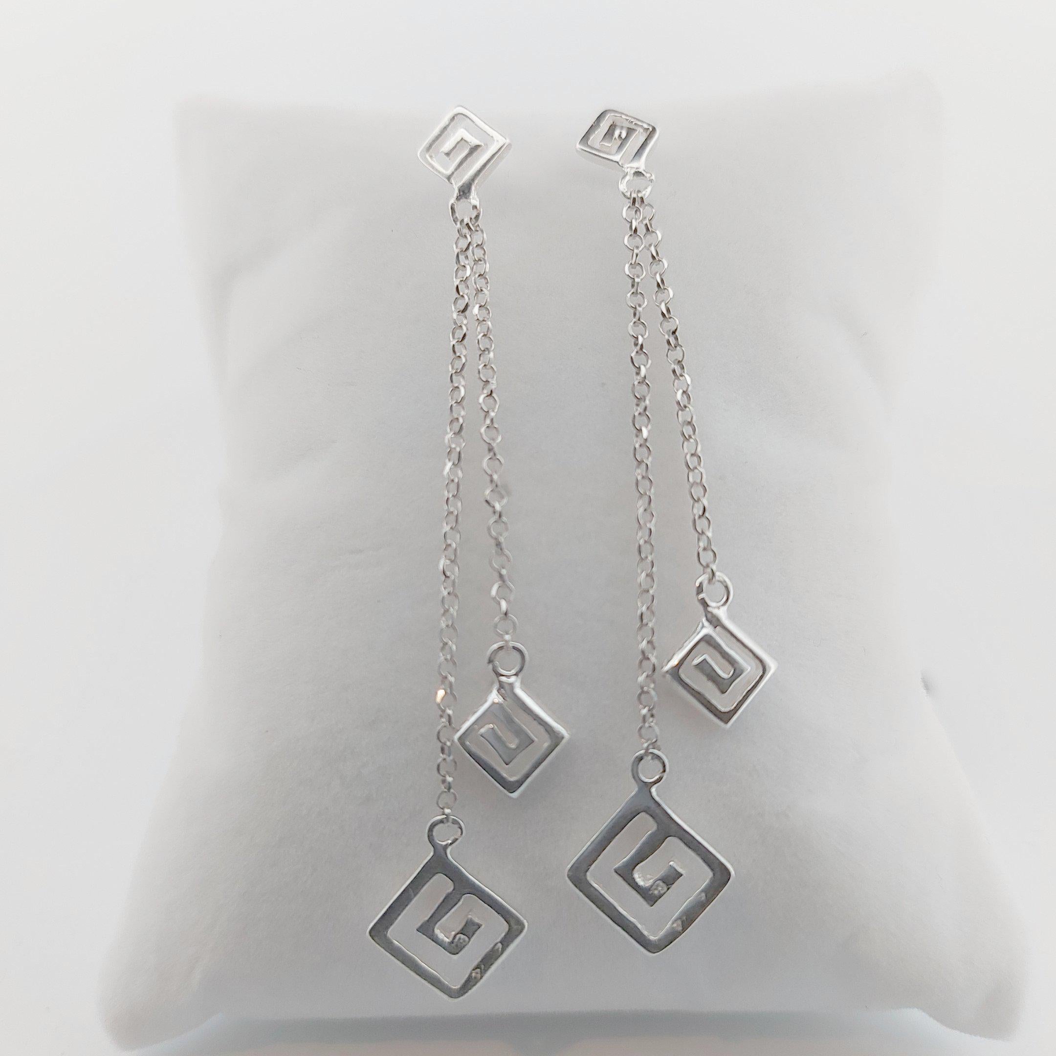 Sterling Silver Greek Key Dangle Earrings: Chain Drop Meander Design