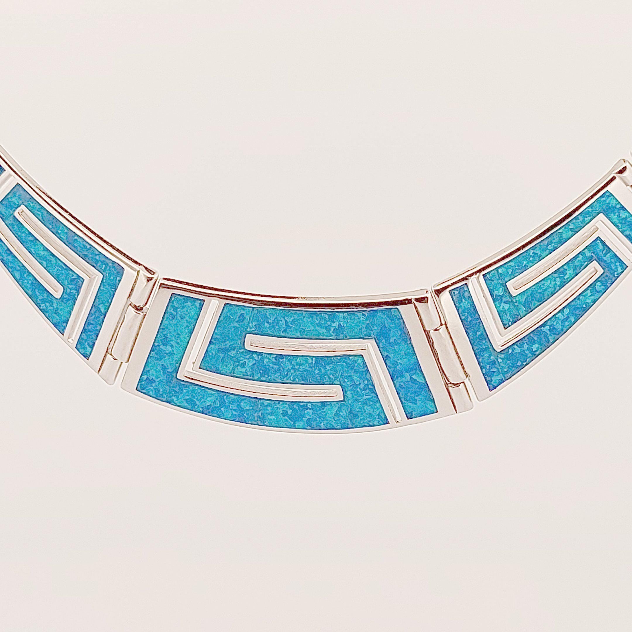 Sterling Silver Blue Opal Necklace, Greek Key Meander Design 925 Silver