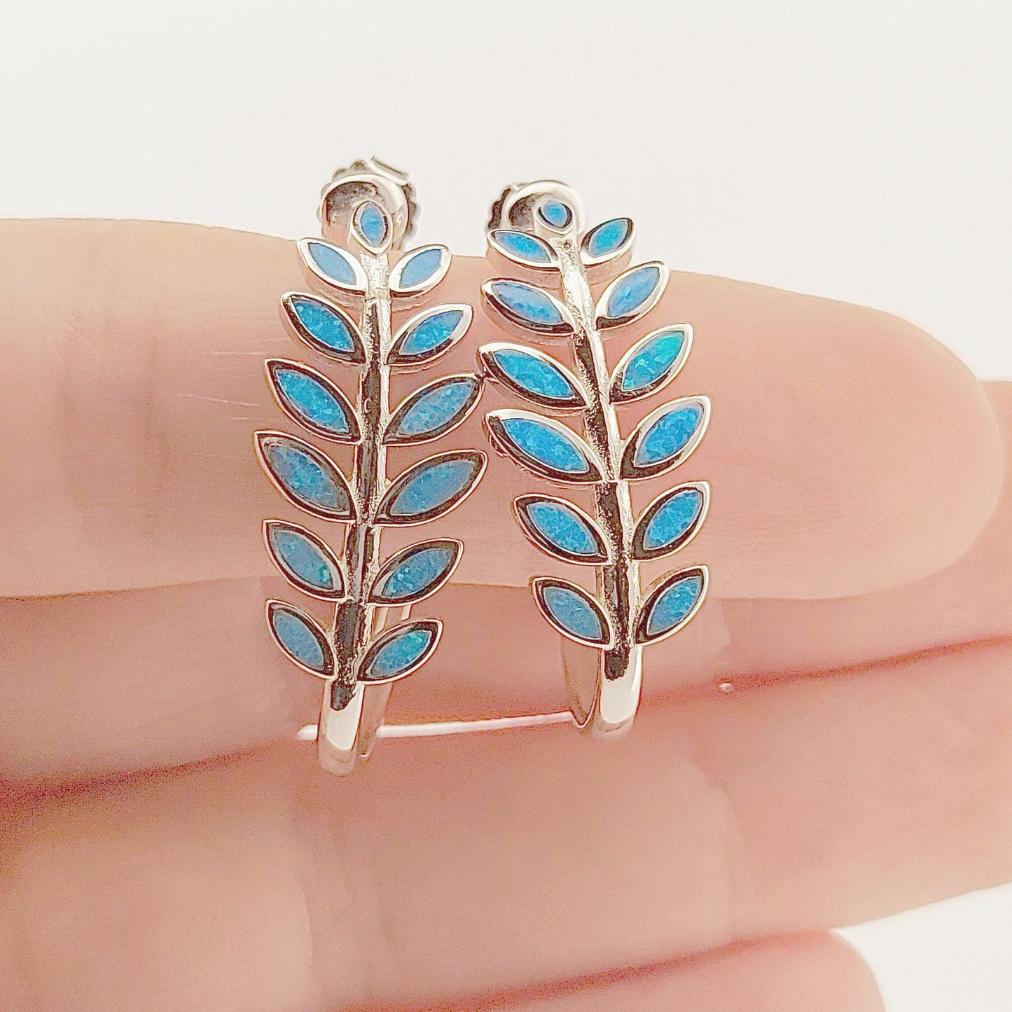 Opal Inlay Olive Leaf Hoop Earrings: 925 Sterling Silver, Greek Design