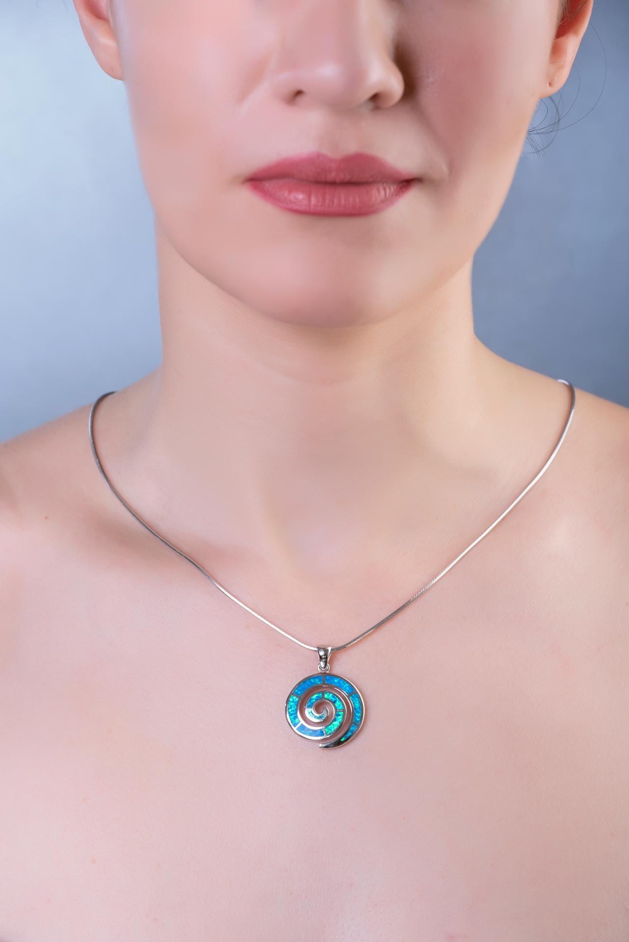 Sterling Silver Blue Opal Spiral Pendant: Greek Key Design