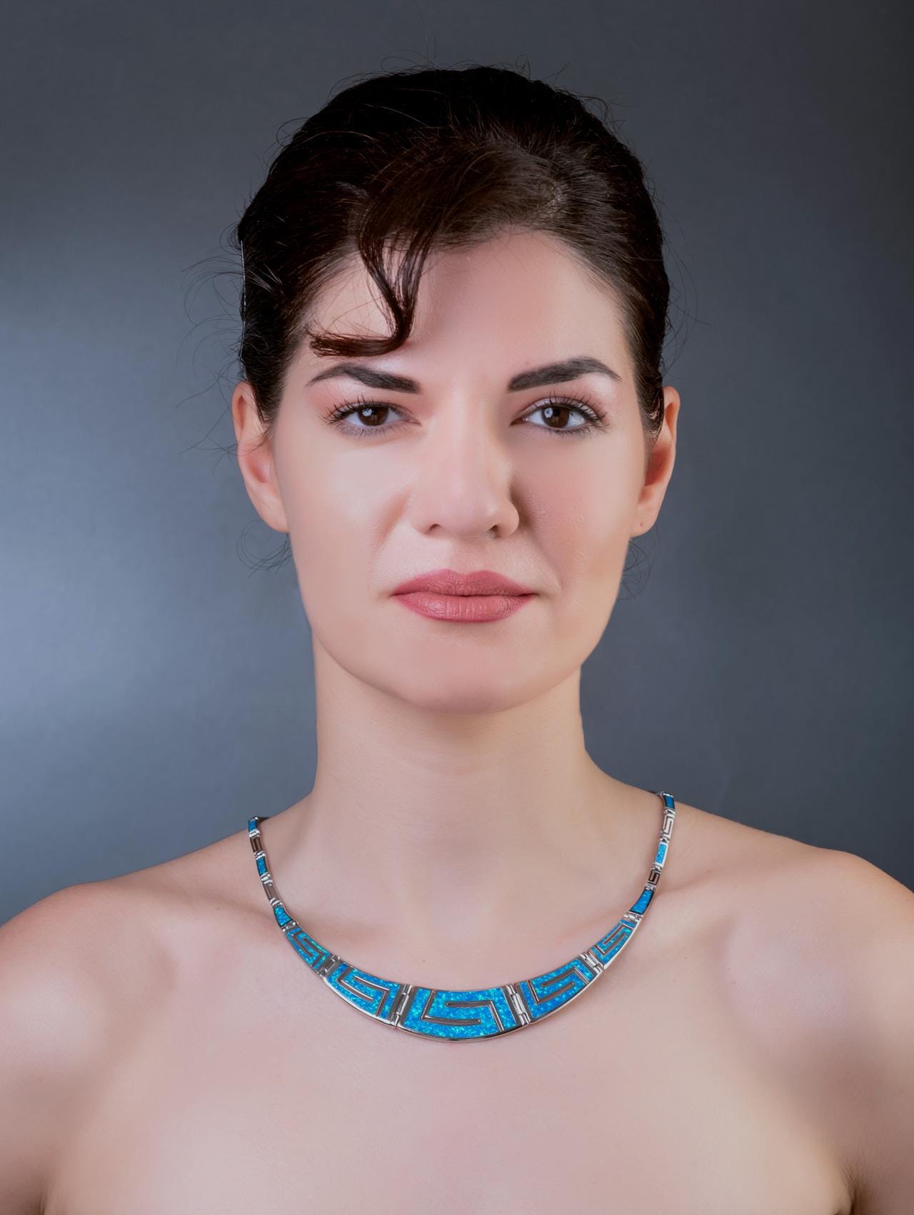 Sterling Silver Blue Opal Necklace, Greek Key Meander Design 925 Silver