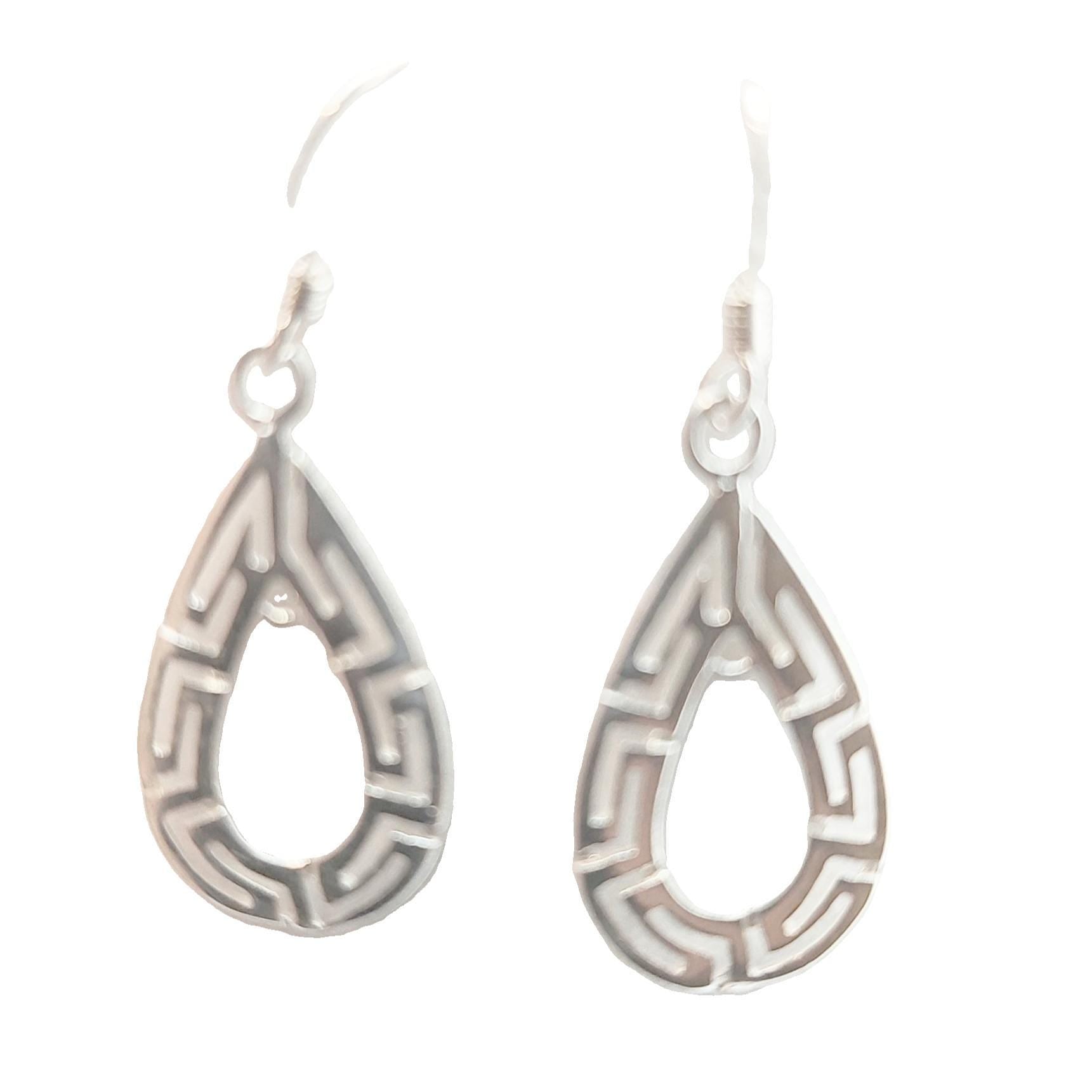 Sterling Silver Greek Key Teardrop Earrings: Elegant Dangle Design