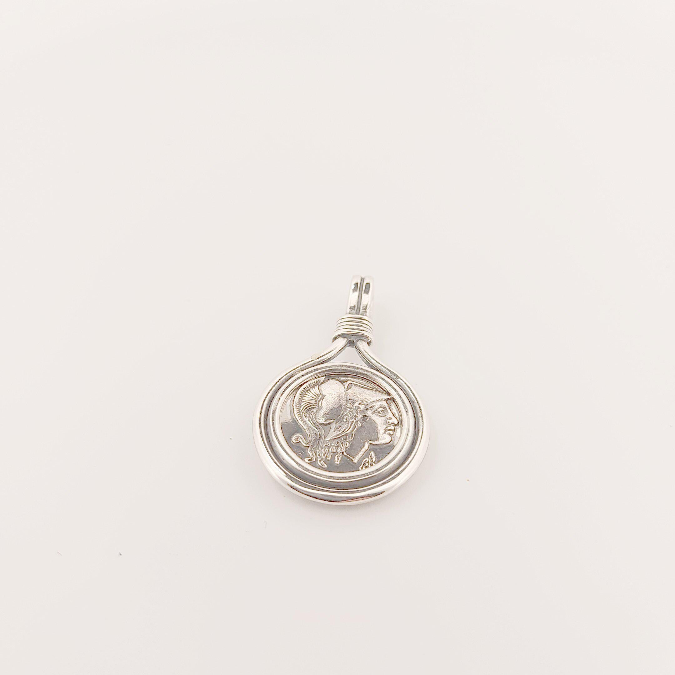 Ancient Greek Athena Silver Pendant, Double-Sided Coin Design, Mythology Jewelry