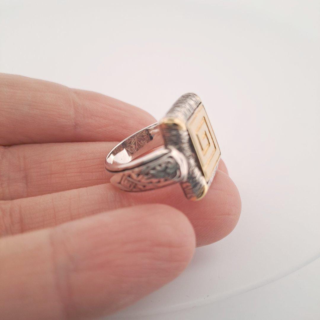 Byzantine Statement Ring – Two Tone Gold Silver Ornate Square Band
