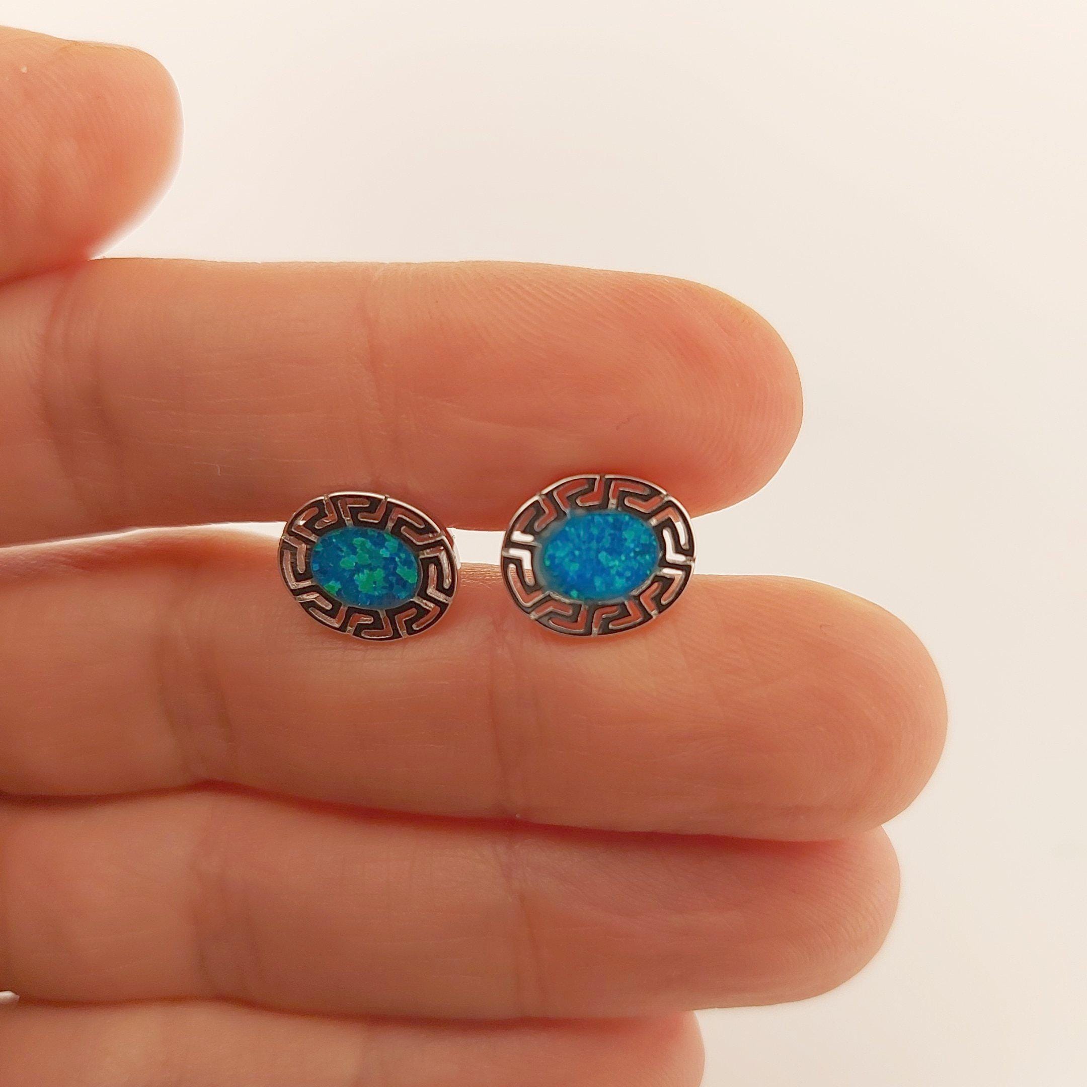 Sterling Silver Blue Opal Stud Earrings: Greek Key Design