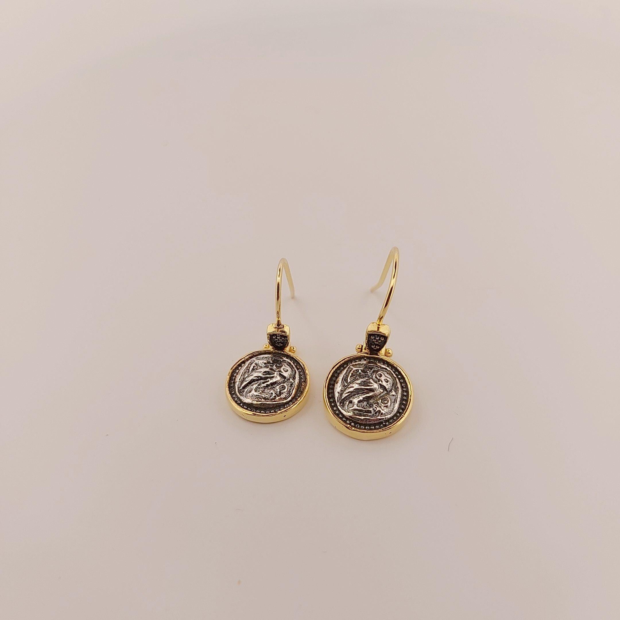 Athena's Owl Dangle Earrings: Silver & Gold-Plated Wisdom