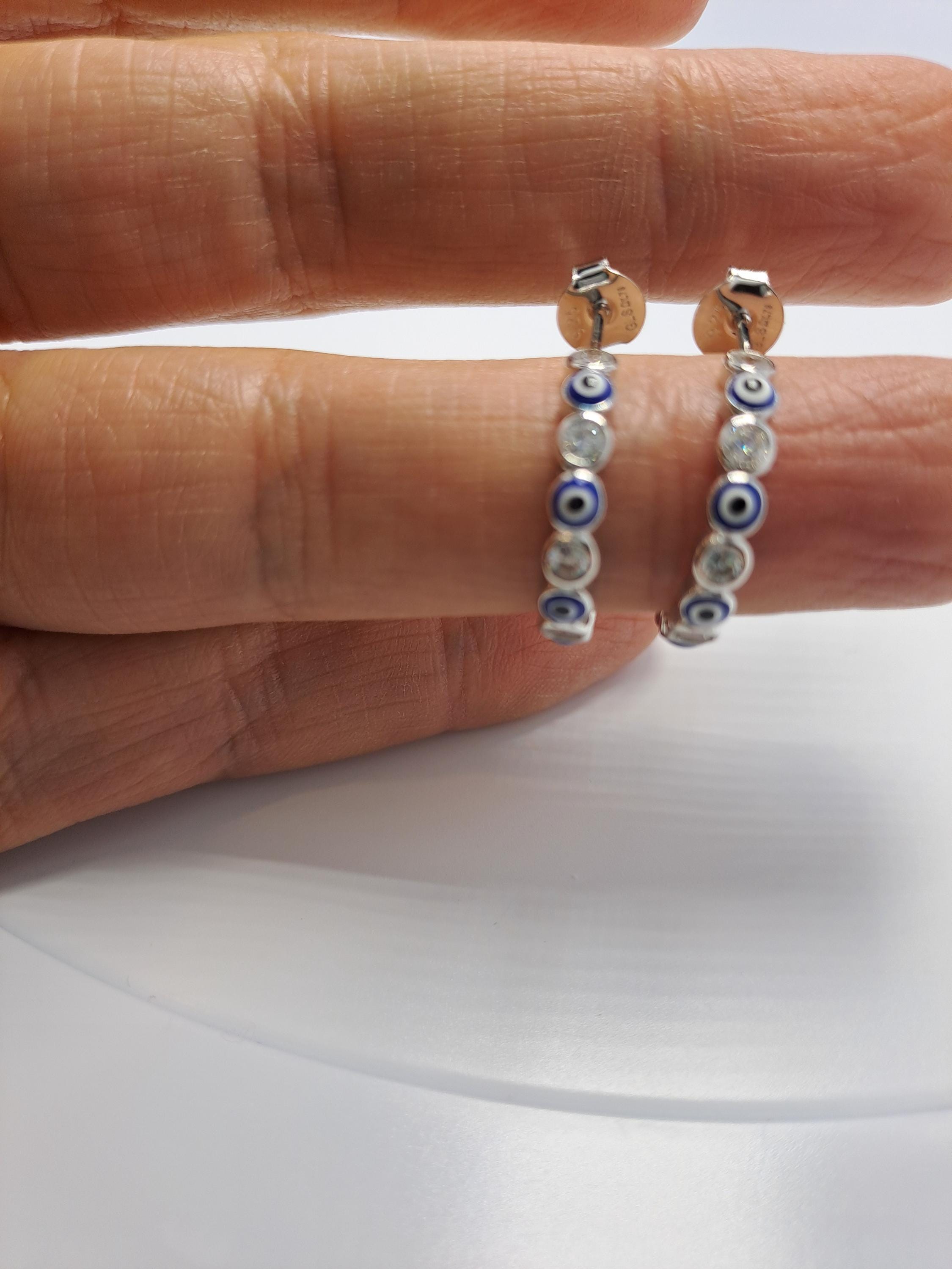 Silver Half Hoop Earrings – Blue Evil Eye & Clear Zirconia Sparkling Hoops