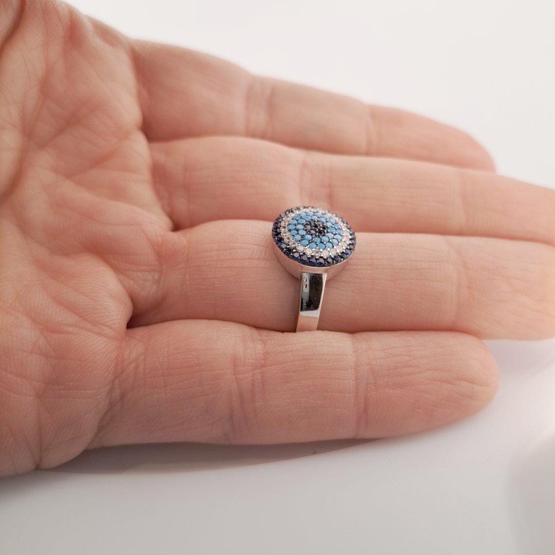 Evil Eye Ring Silver 925 – Blue Zircon Protection Jewelry With Circle Design