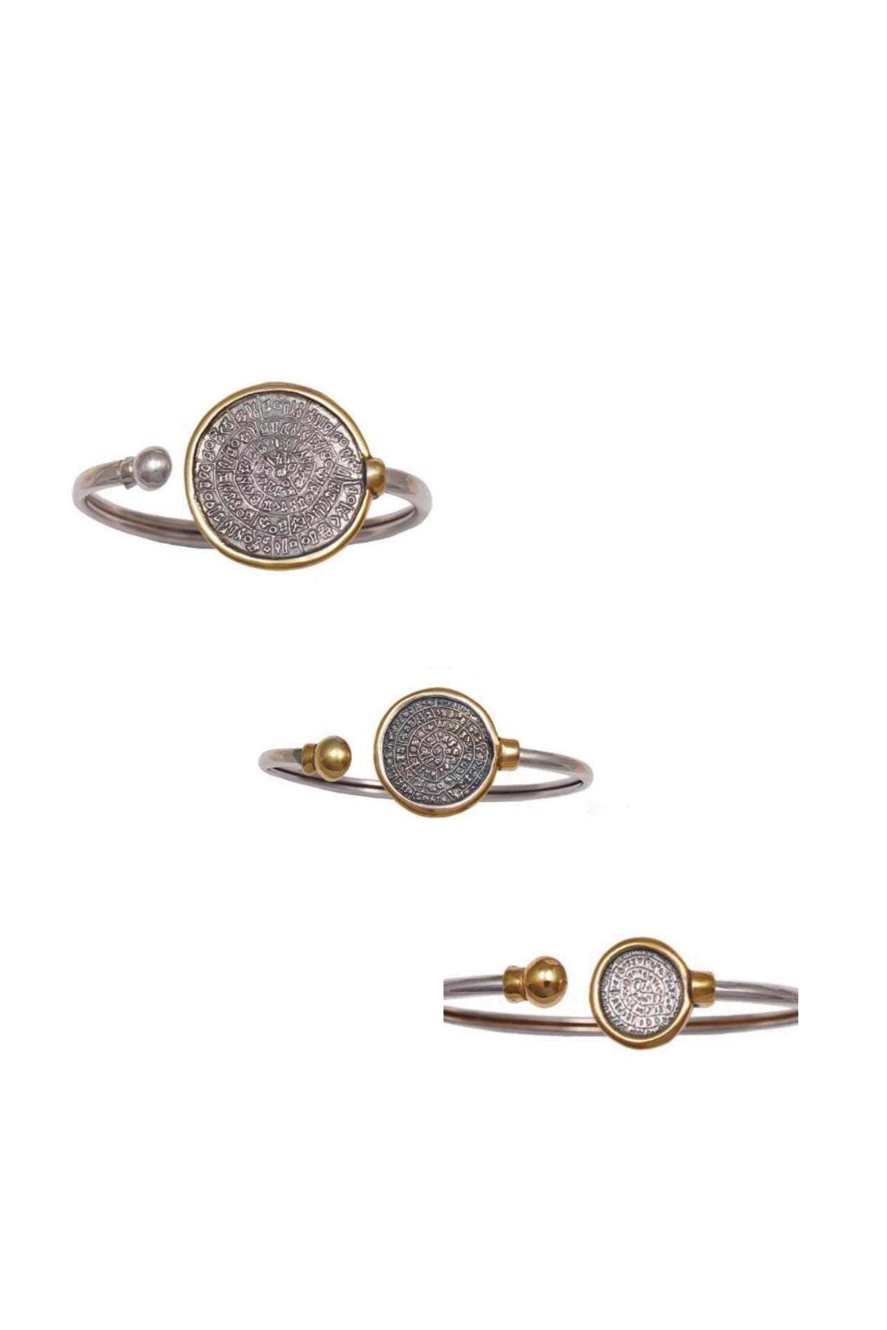 Gold-Plated Phaistos Disc Bracelet: Sterling Silver Ancient Minoan Jewelry