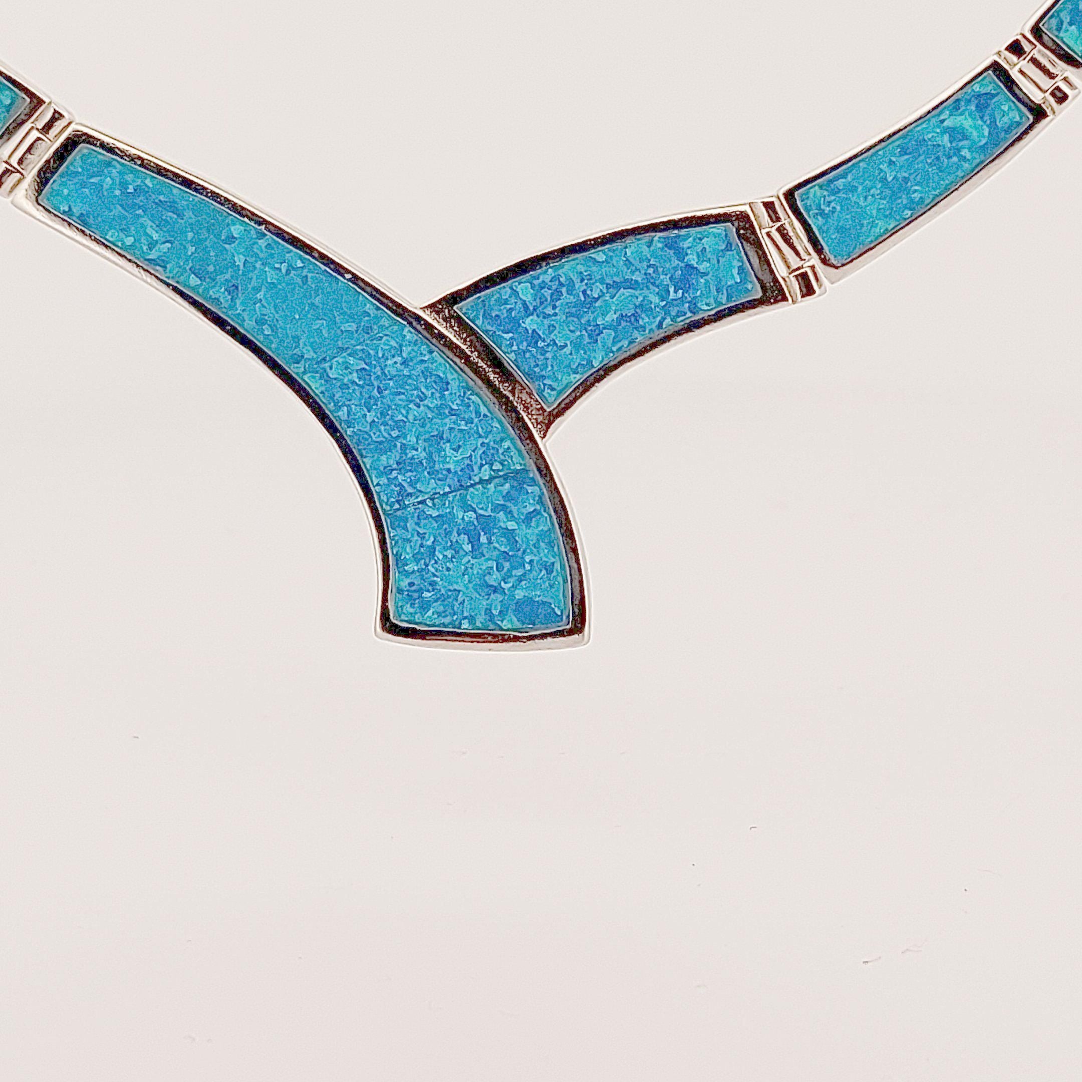 Sterling Silver 925 Blue Opal Collar Necklace, Greek-Inspired Design