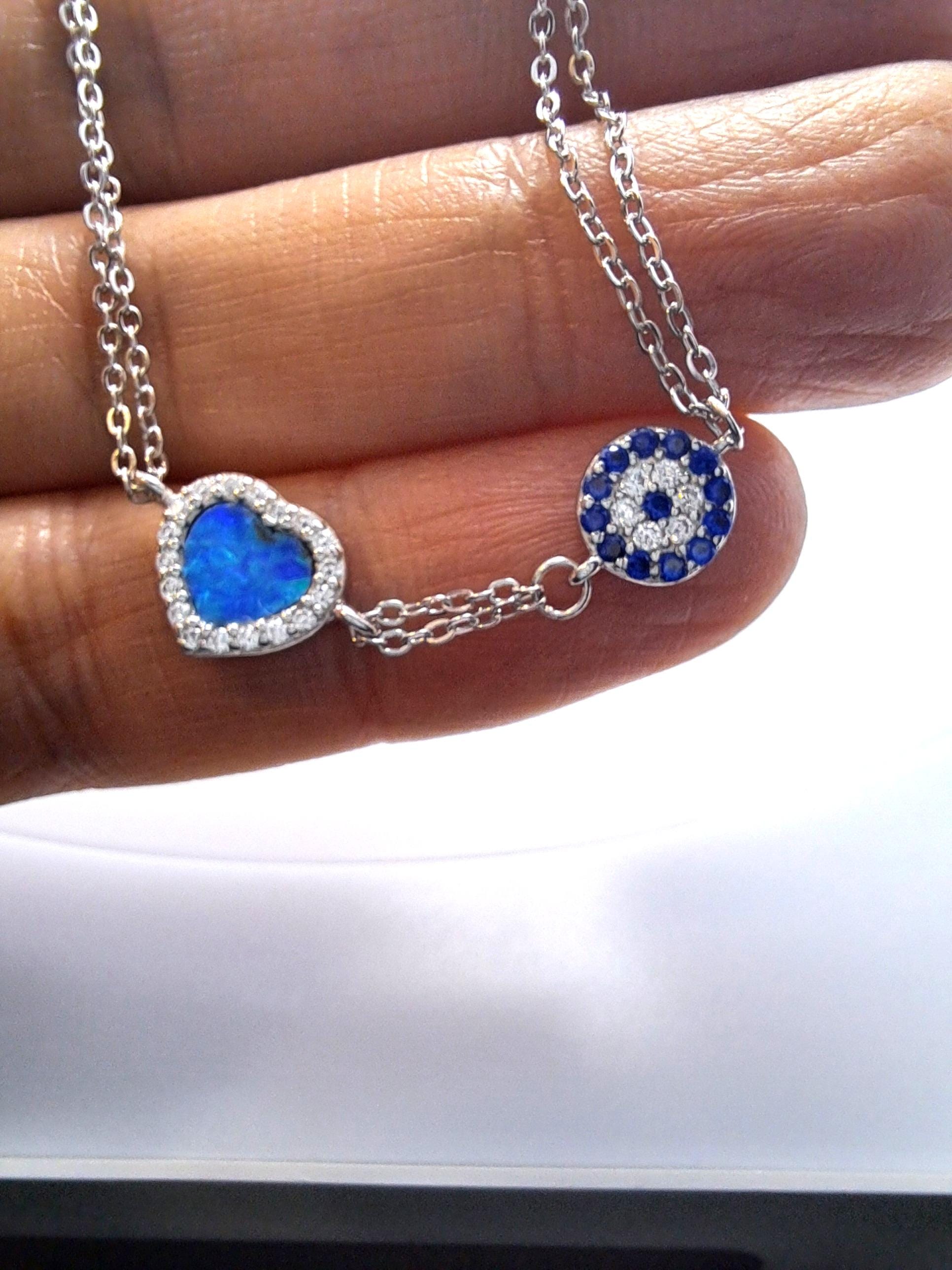 Blue Opal Bracelet – Sterling Silver Heart Shape Jewelry With Evil Eye Protection Charm