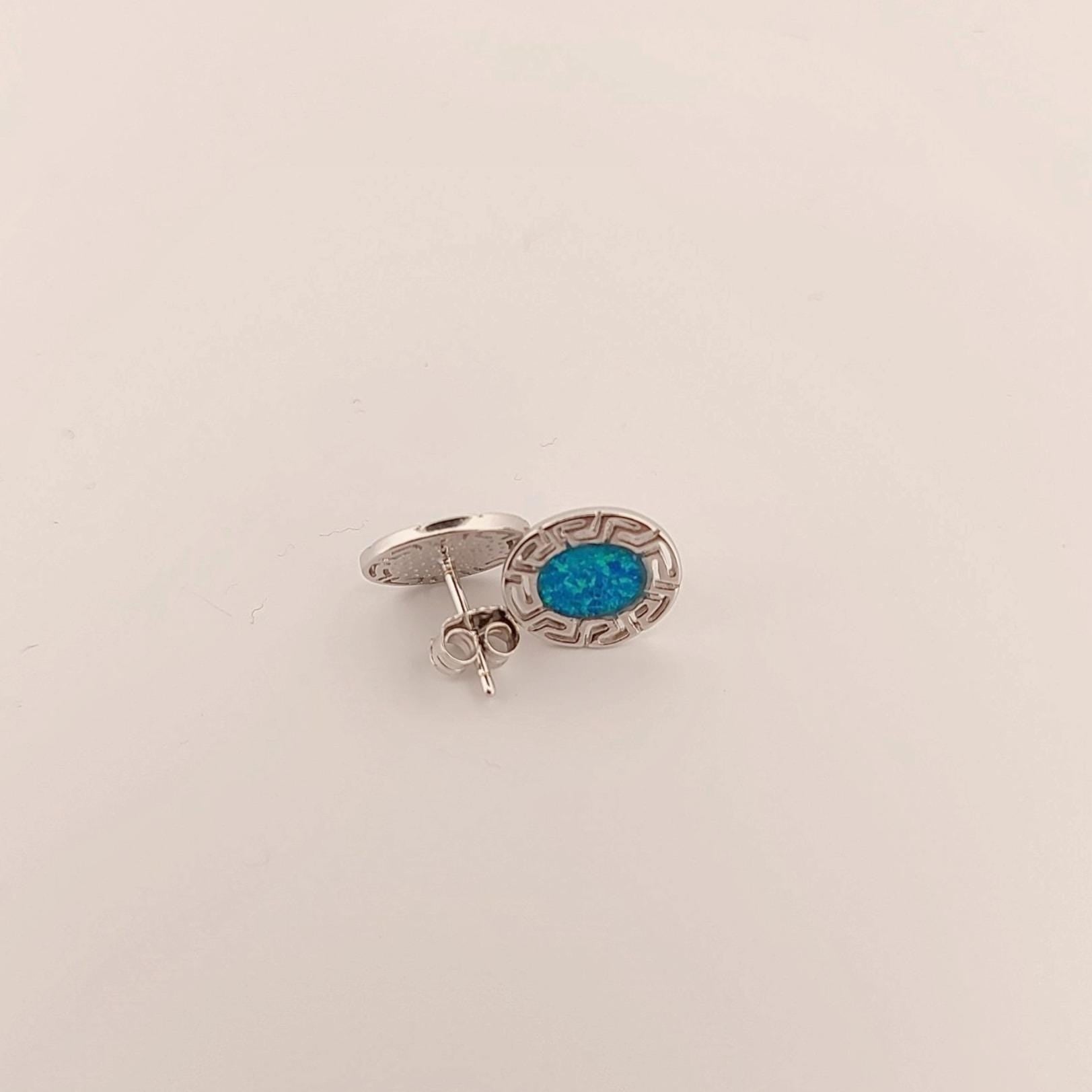 Sterling Silver Blue Opal Stud Earrings: Greek Key Design