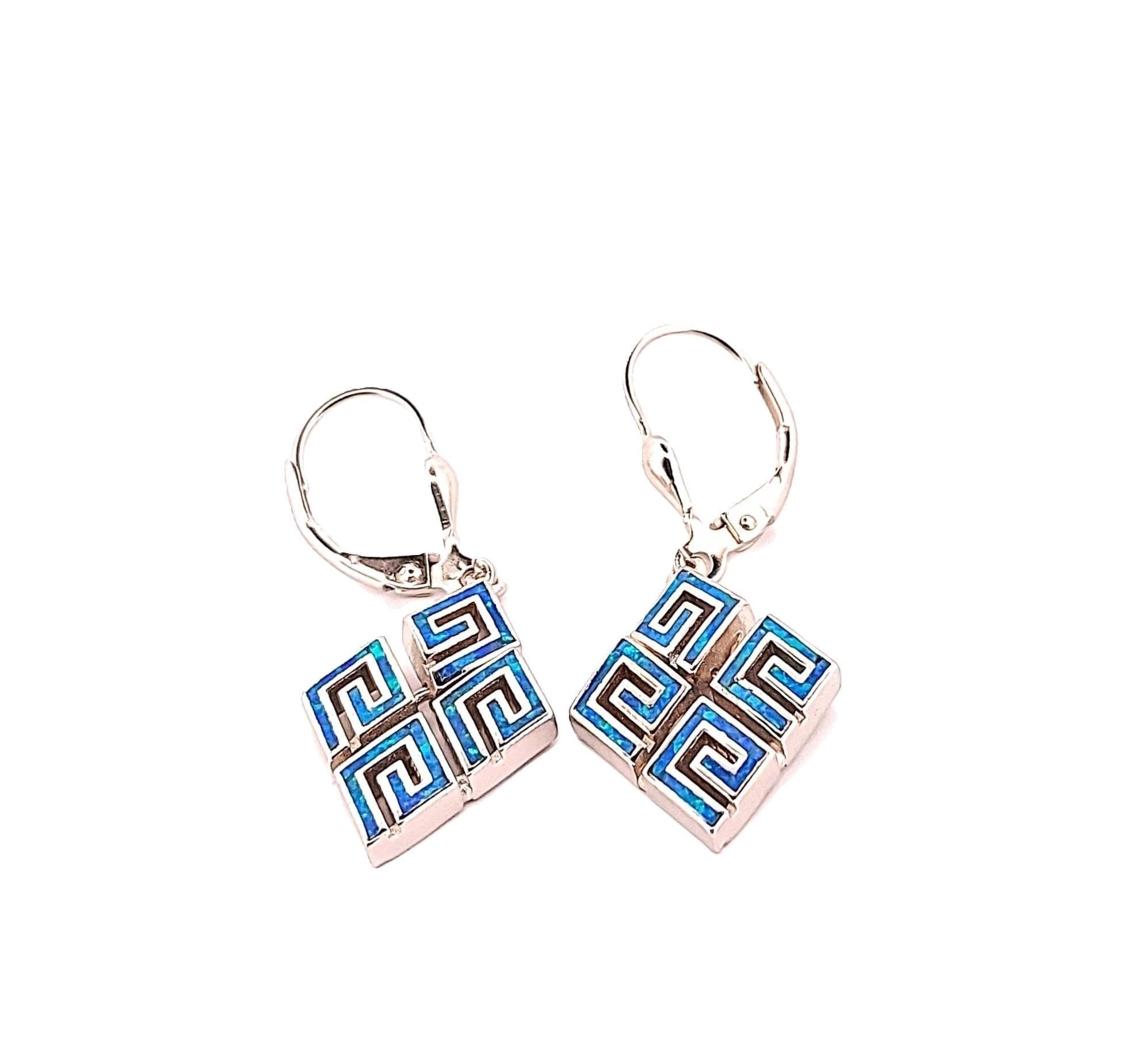 Sterling Silver Blue Opal Dangle Earrings: Greek Key Design