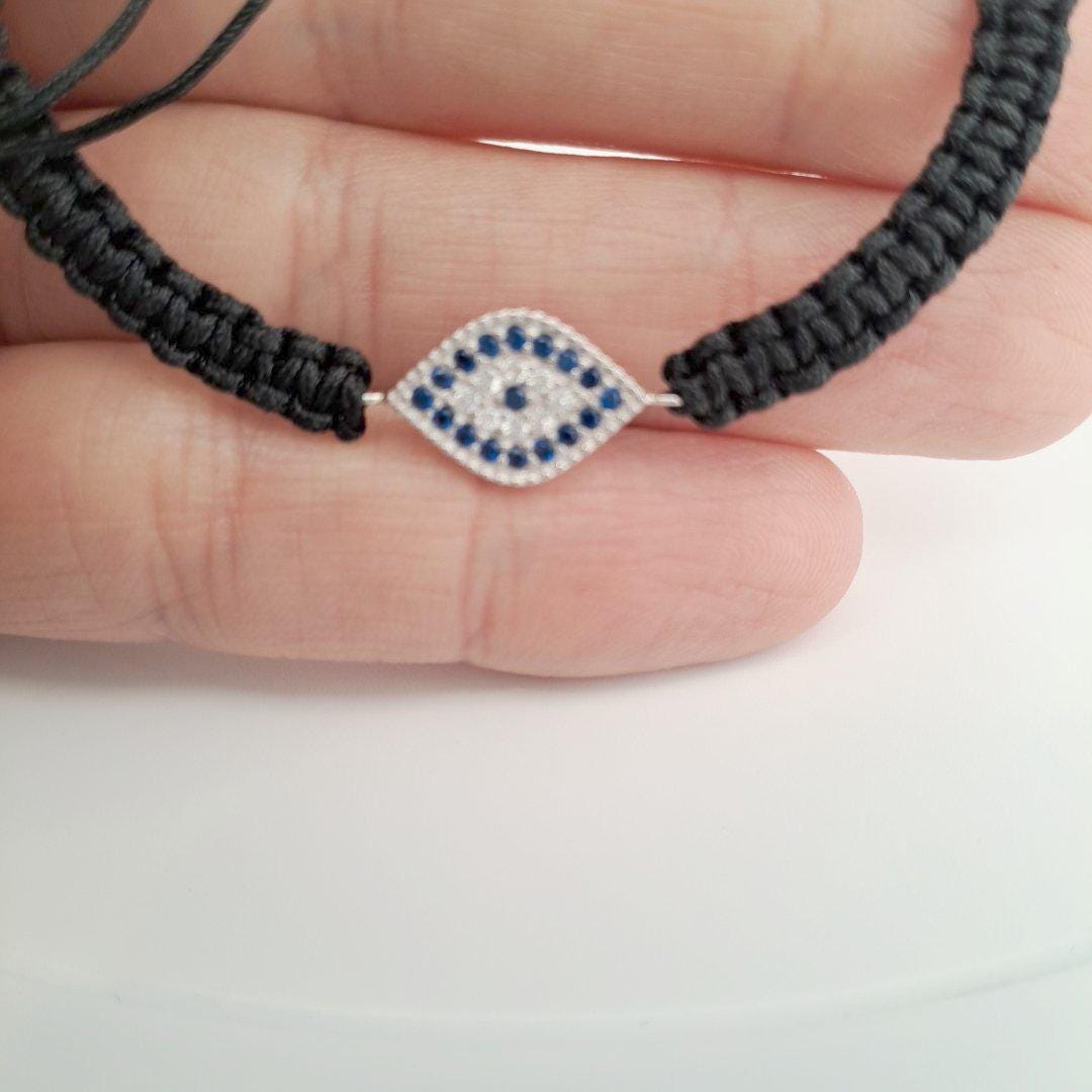 Evil Eye Bracelet – Black Cord Adjustable Fit With Silver Charm & Blue Zircon