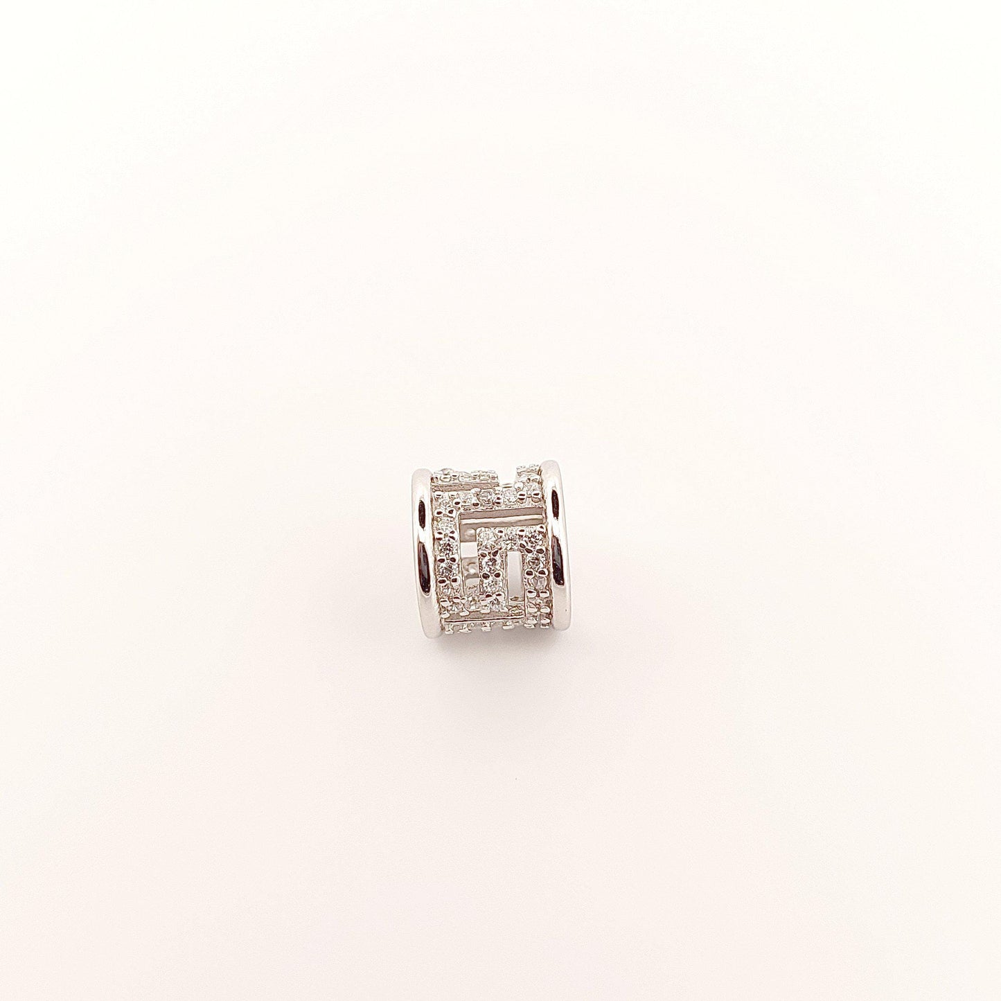 Greek Key Sparkling White Stones Charm Bead, Sterling Silver Bracelet Charm, Fits Pandora Bracelets
