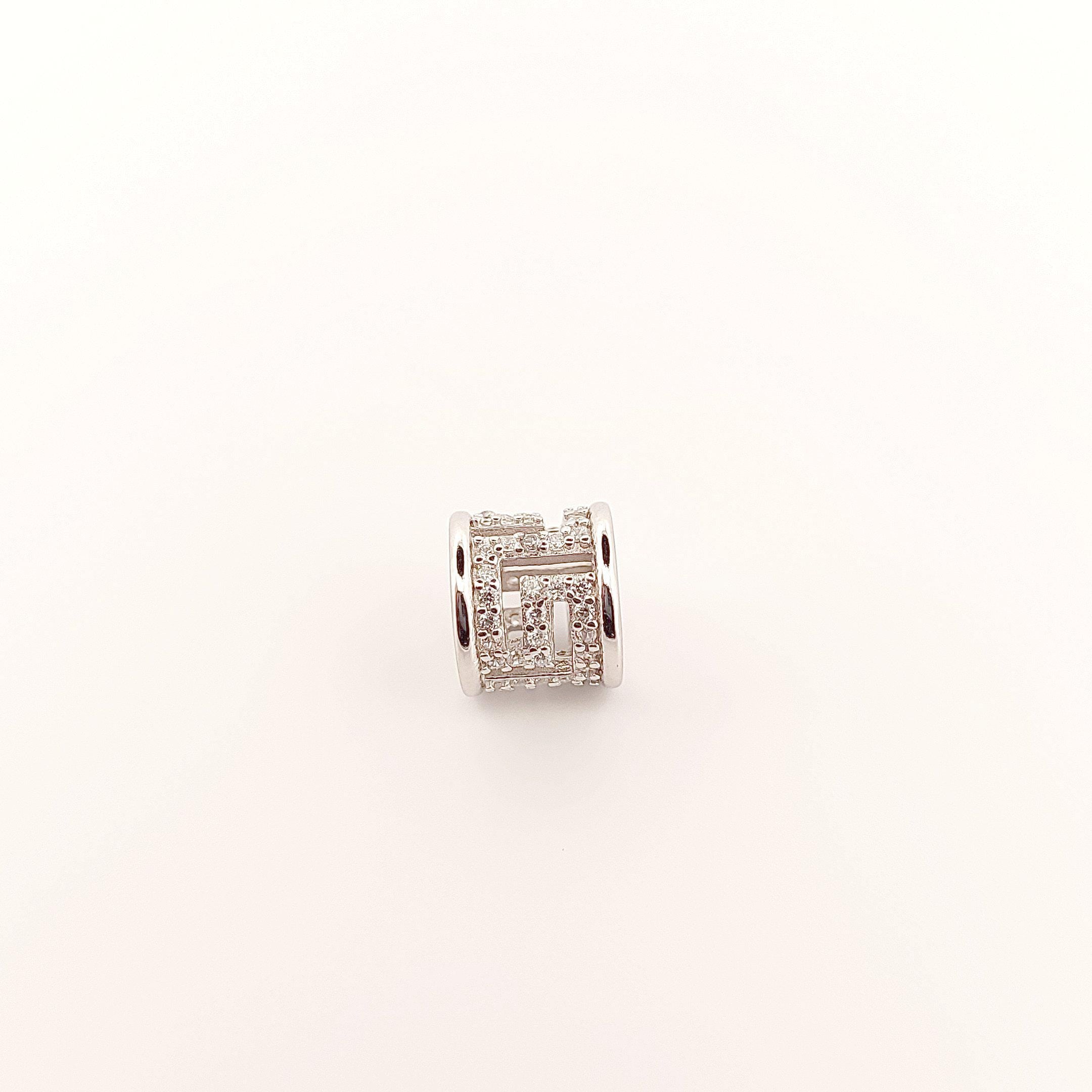 Greek Key Sparkling White Stones Charm Bead, Sterling Silver Bracelet Charm, Fits Pandora Bracelets