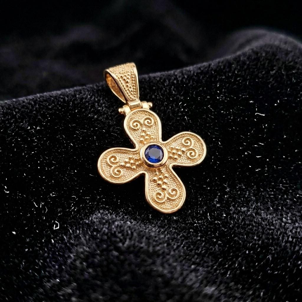 Gold Plated Cross Pendant – Byzantine Engraved Gemstone Necklace with Scroll Motif