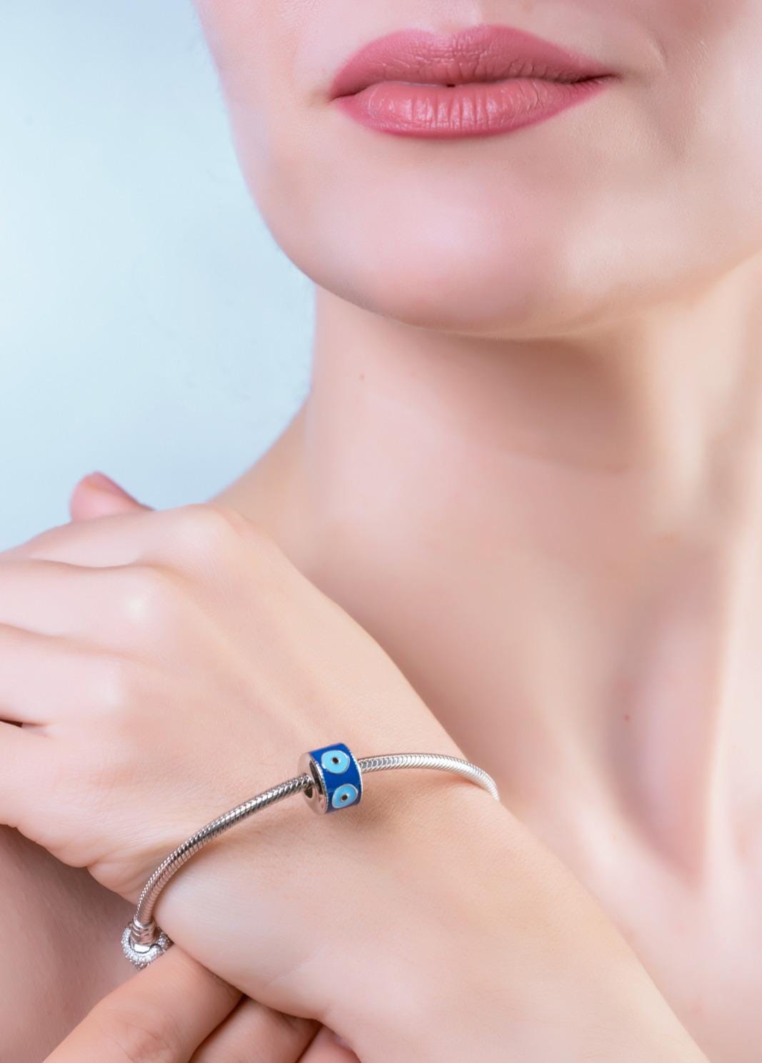 Evil Eye Charm Bead: Blue Enamel, Sterling Silver, Fits Pandora