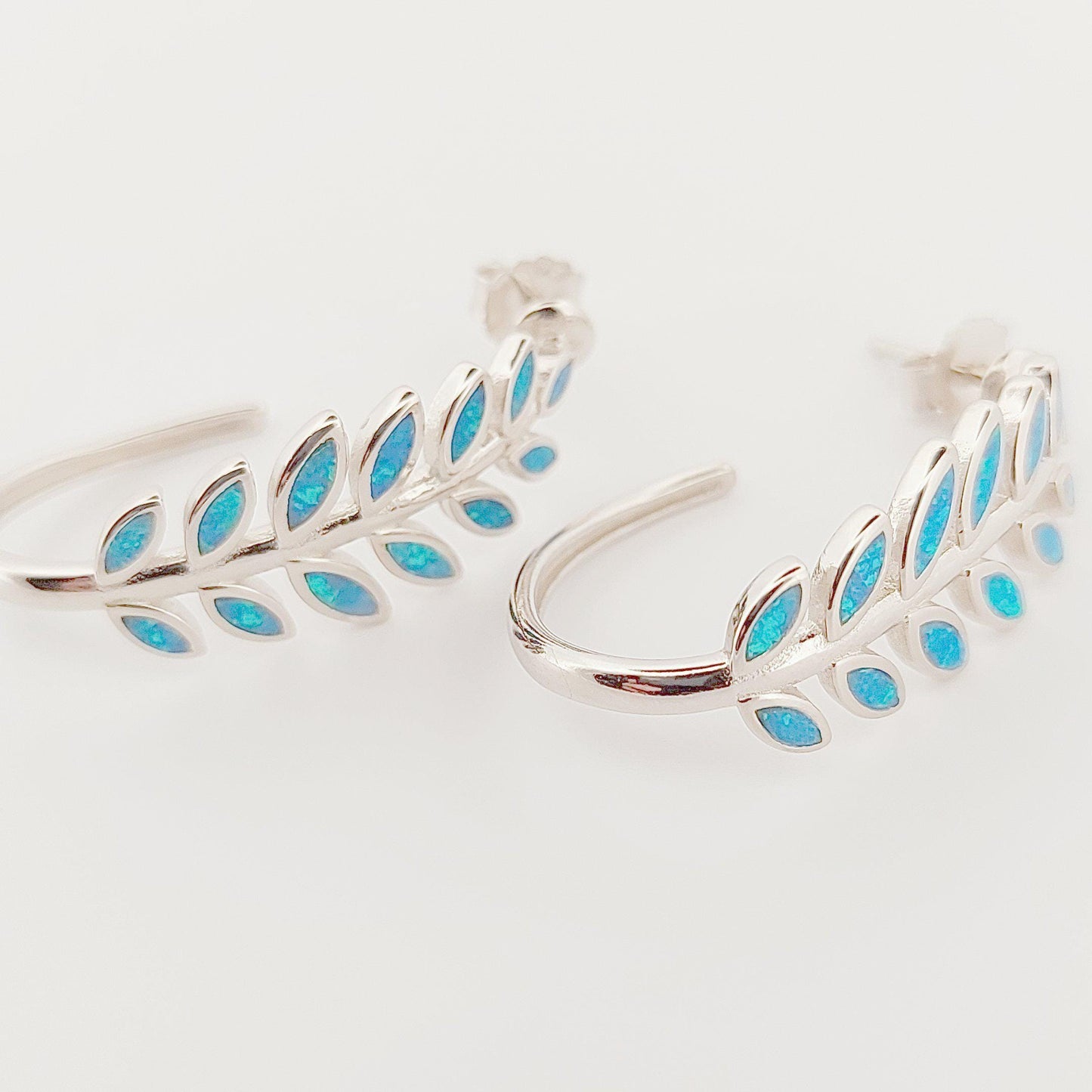 Opal Inlay Olive Leaf Hoop Earrings: 925 Sterling Silver, Greek Design