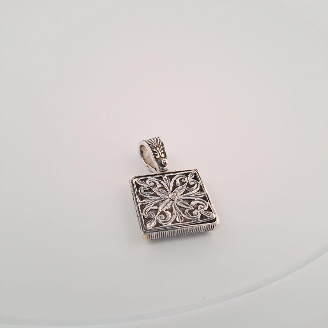 Greek Key Pendant – Two Tone Necklace | Square Gold Plated Silver Jewelry