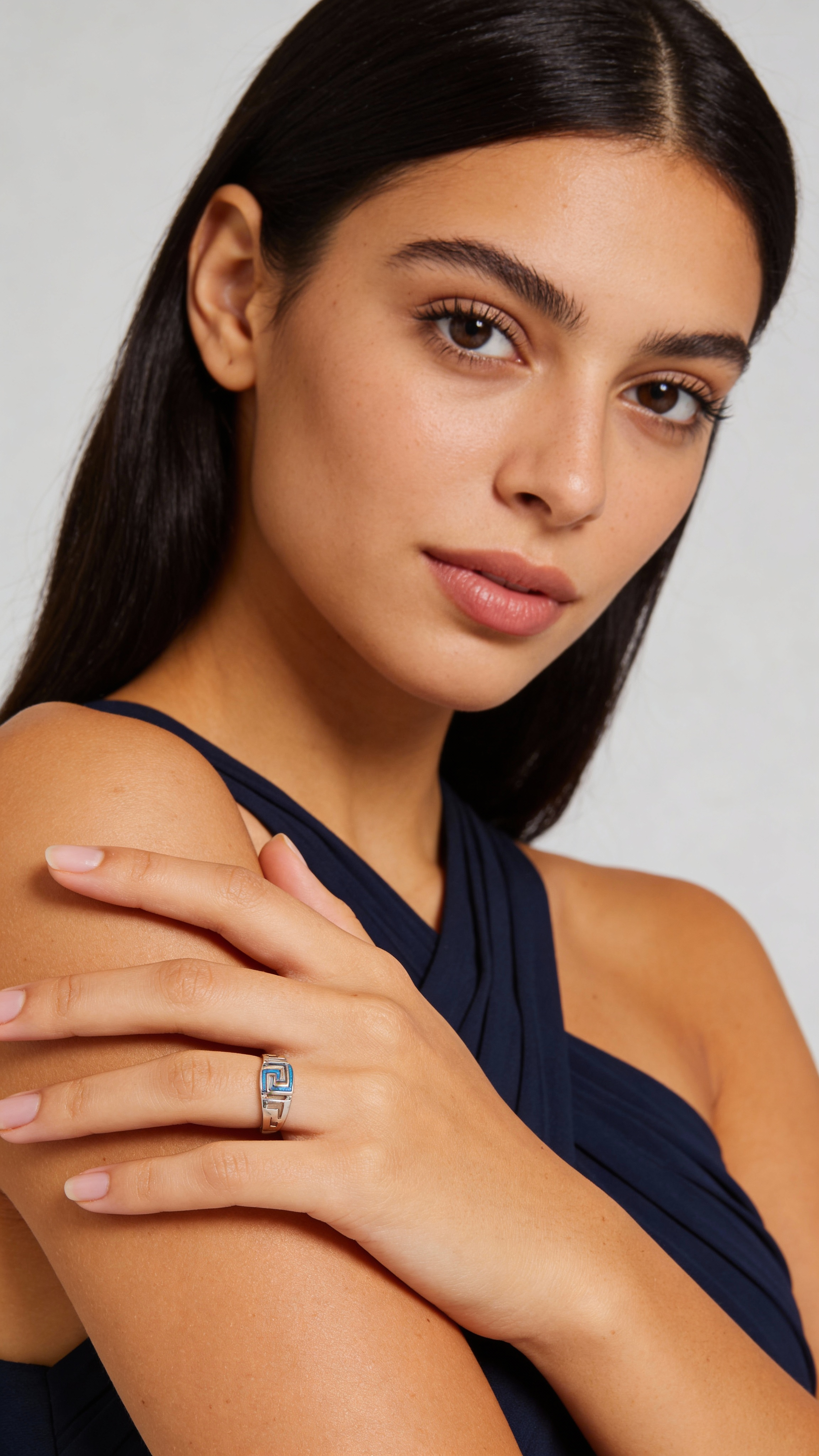 Sterling Silver Ring, Greek Key Meander Design with Blue Opal Inlay, Statement Ring