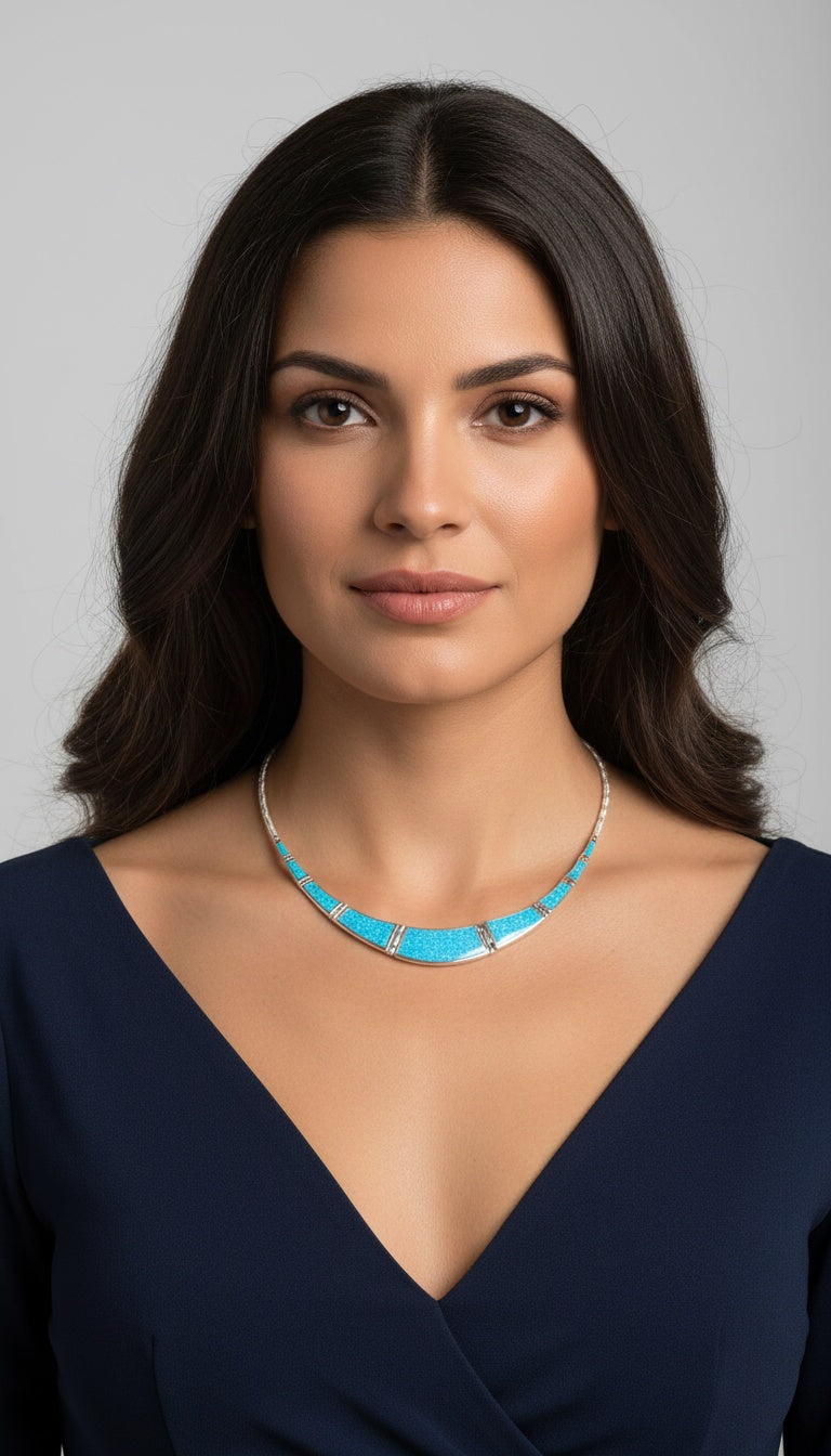 Sterling Silver Blue Opal Collar Necklace, Greek-Inspired Design