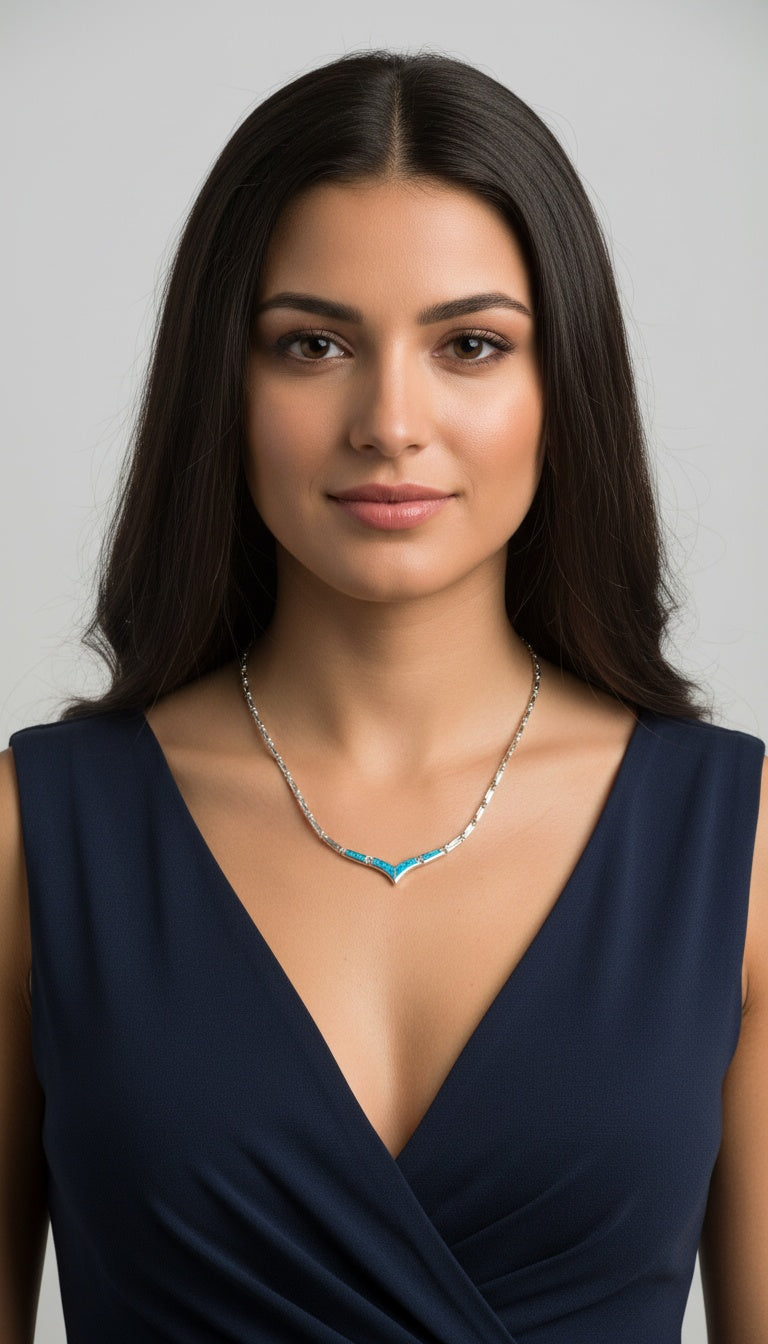 Blue Opal V-Shape Necklace, Greek Key Meander Design