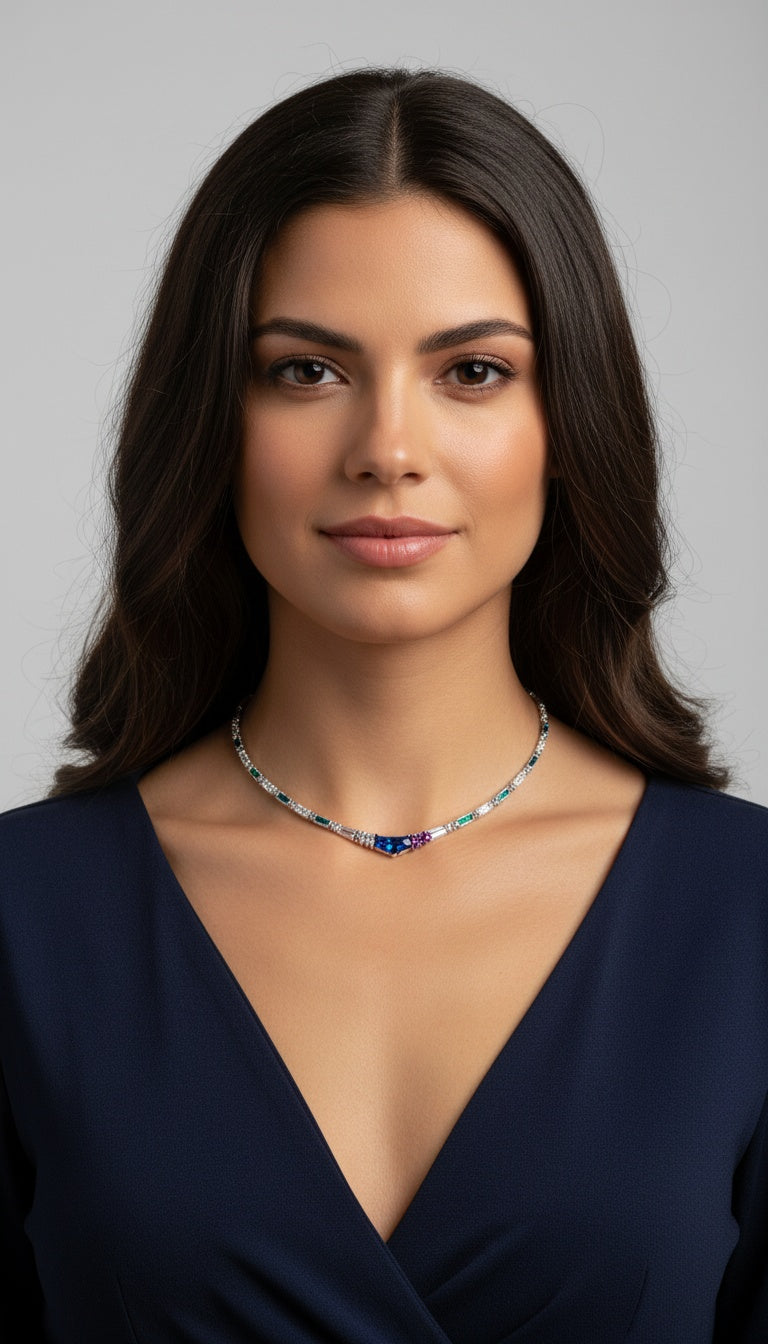 Sterling Silver Blue Opal Necklace with Greek Key Meander Design