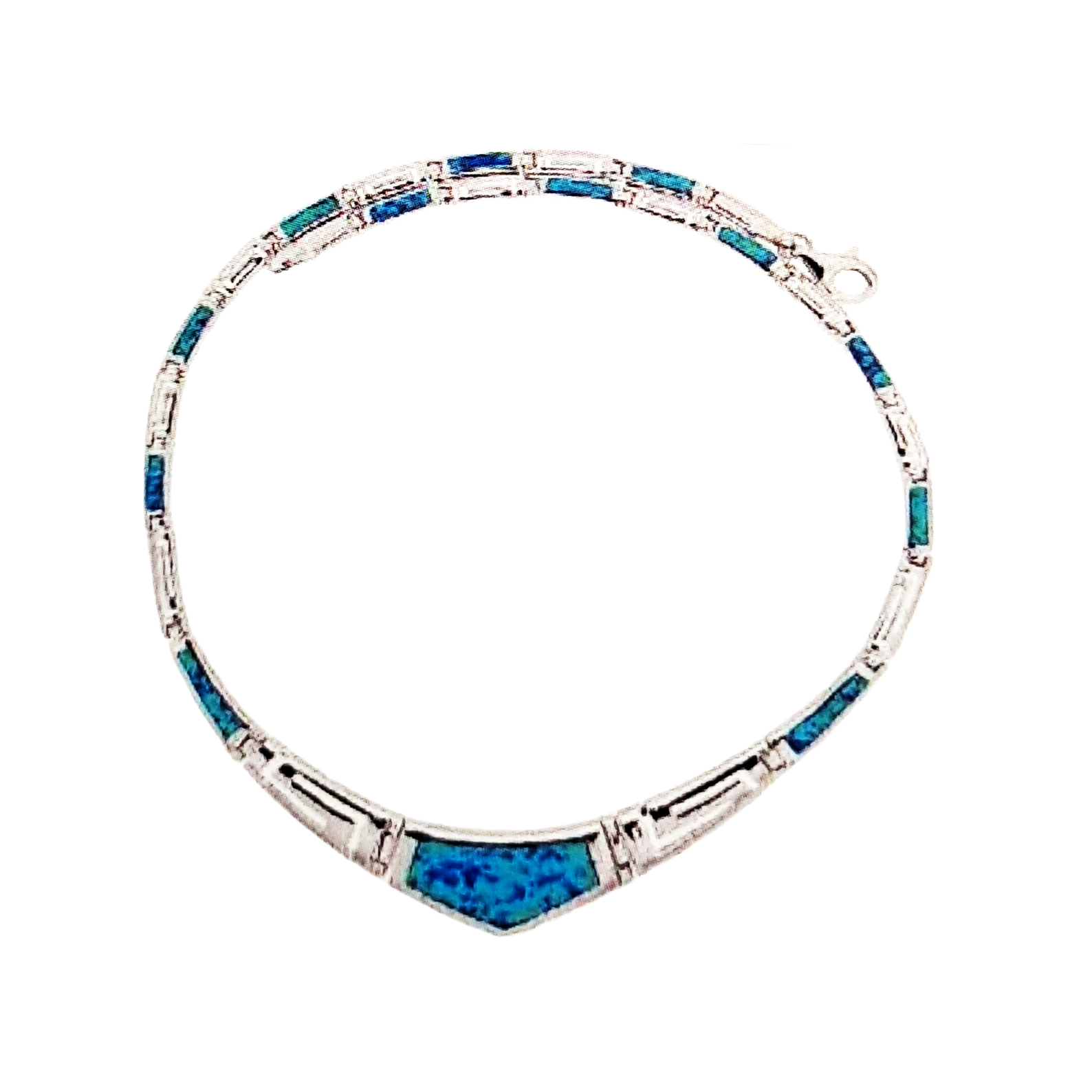 Sterling Silver Blue Opal Necklace with Greek Key Meander Design