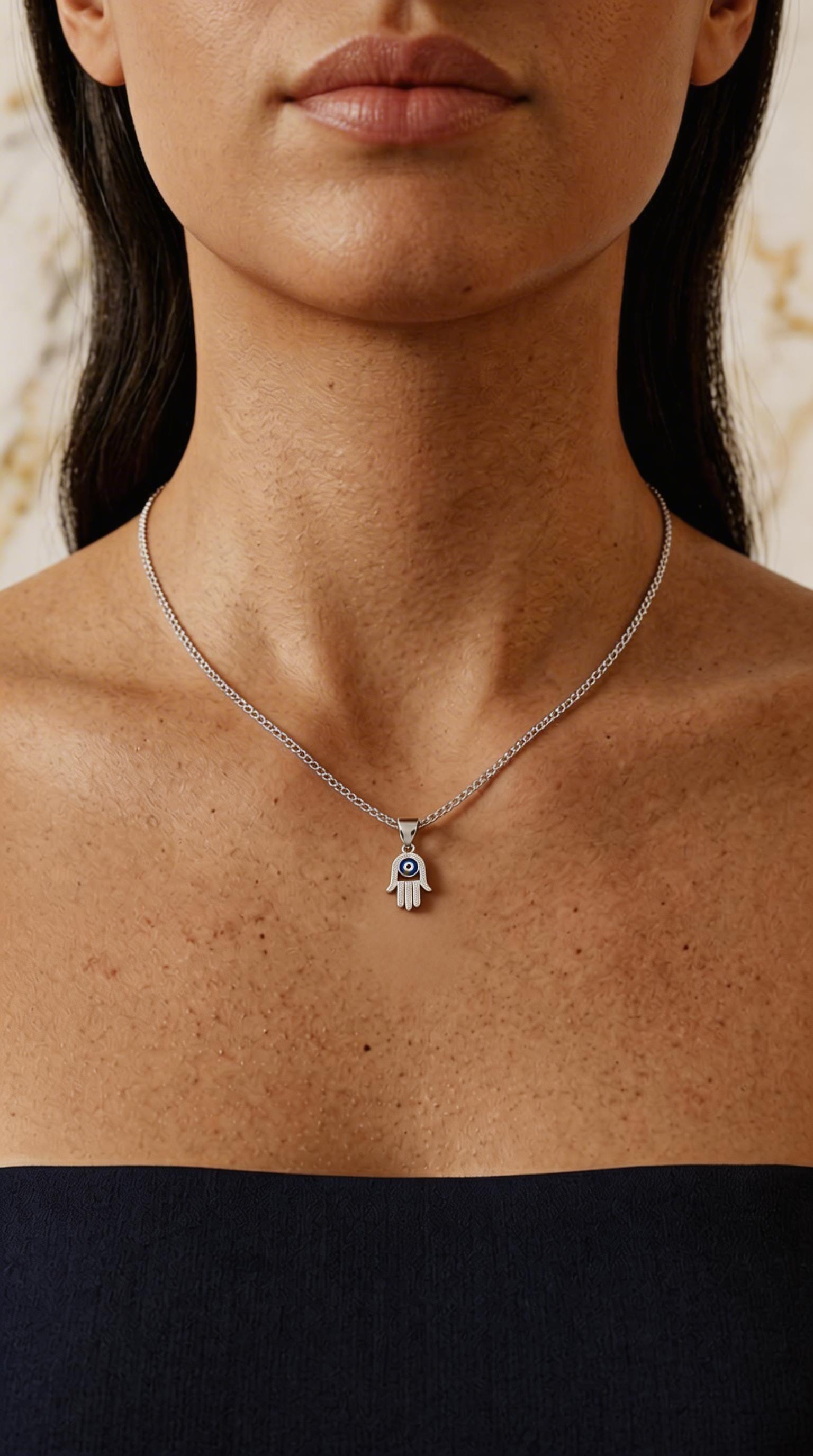 Silver Hamsa Pendant - Blue Evil Eye Necklace with Zirconia Charm, Protection Talisman