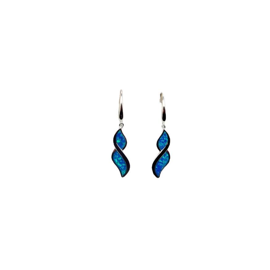 Blue Opal Sterling Silver Drop Earrings: Greek Spiral Design