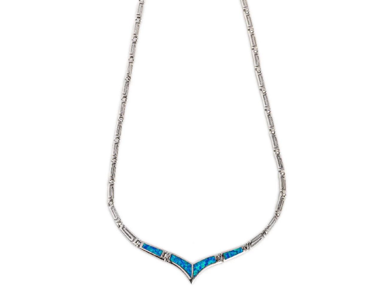 Blue Opal V-Shape Necklace, Greek Key Meander Design