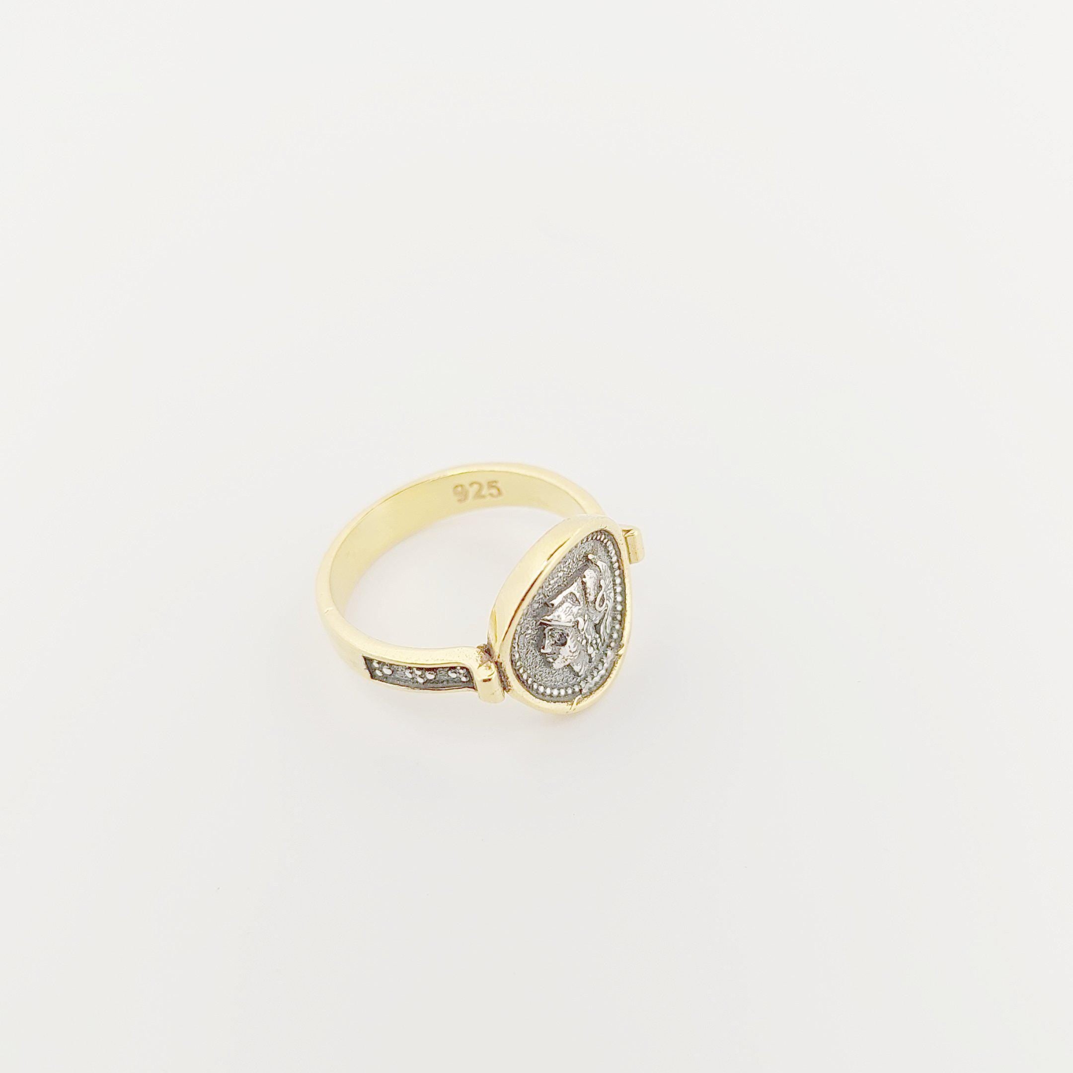 Goddess Athena Signet Ring, Sterling Silver Gold Plated, Greek Mythology Design