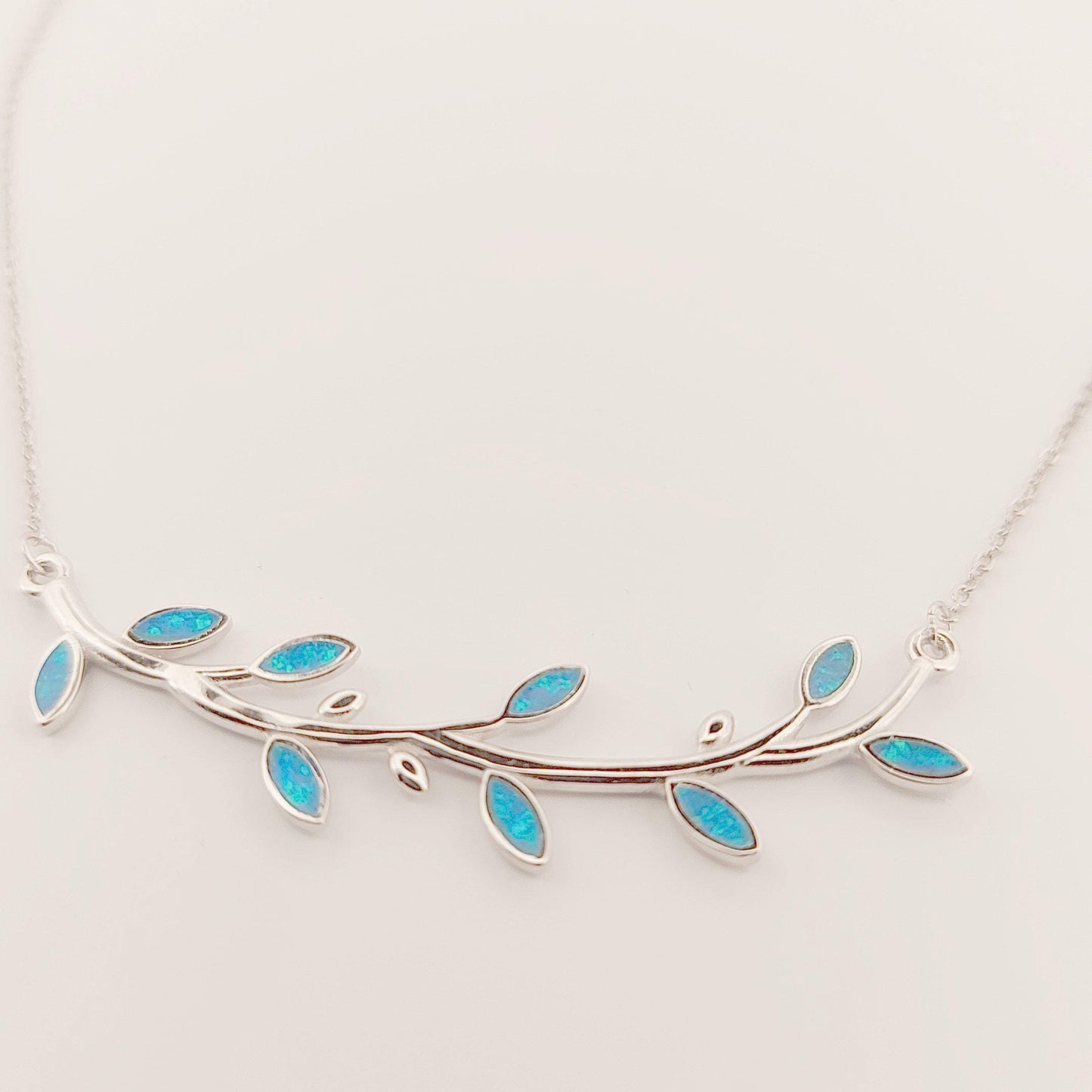 Silver Blue Opal Olive Branch Leaf Pendant Necklace, Greek Mythology Inspired Design