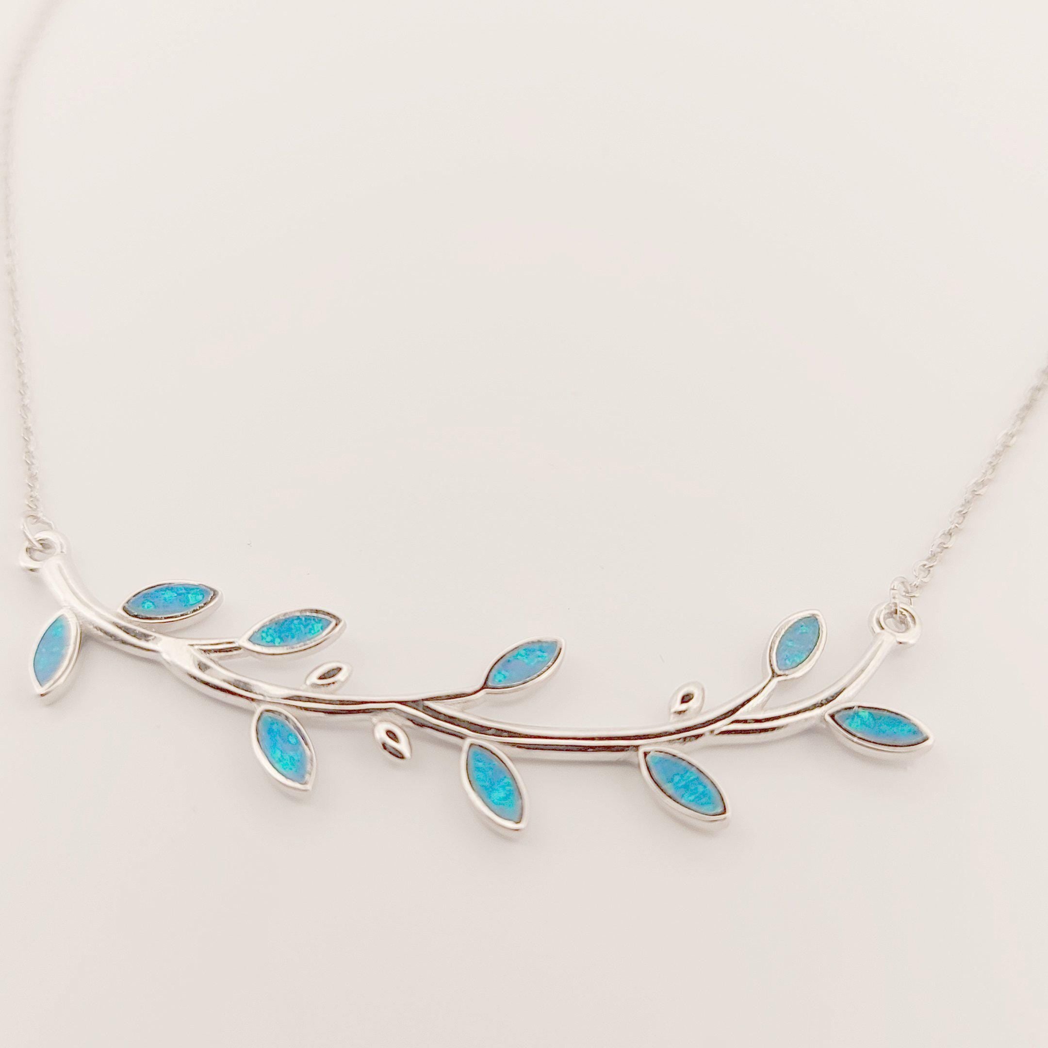 Silver Blue Opal Olive Branch Leaf Pendant Necklace, Greek Mythology Inspired Design