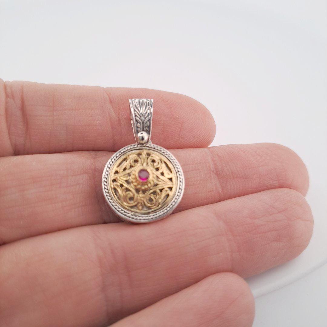 Two Tone Ruby Pendant – Byzantine Style Jewelry, Sterling Silver & Gold Plated Charm